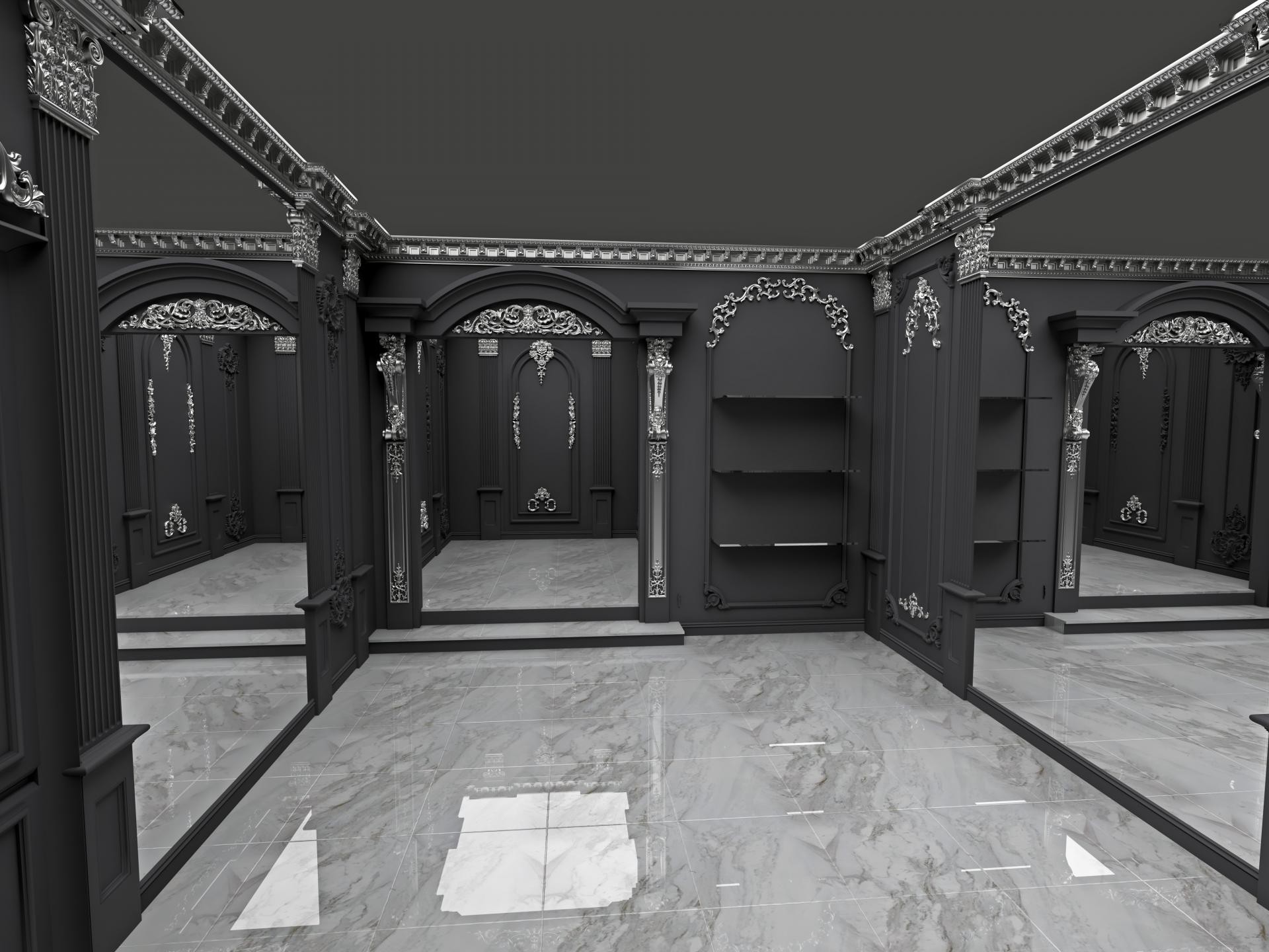 Mat siyah duvarlar üzerine gümüş rengi poliüretan pilaster sütunlar, taçlı çıtalar ve raflı nişlerle dekore edilmiş boş showroom alanı.
