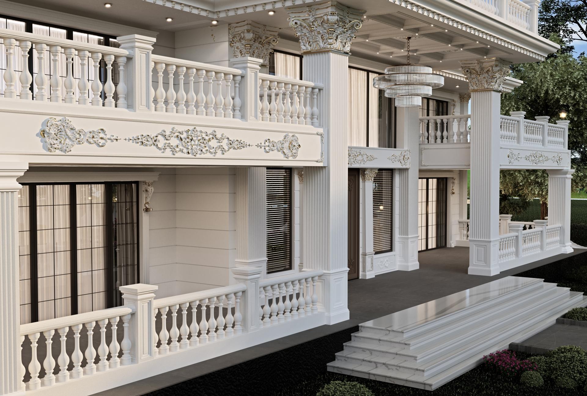 Balkon korkulukları, altın detaylı süslemeler, pilaster sütunlar ve kalın pencere söveleri ile detaylandırılmış beyaz villa dış cephe kesiti.