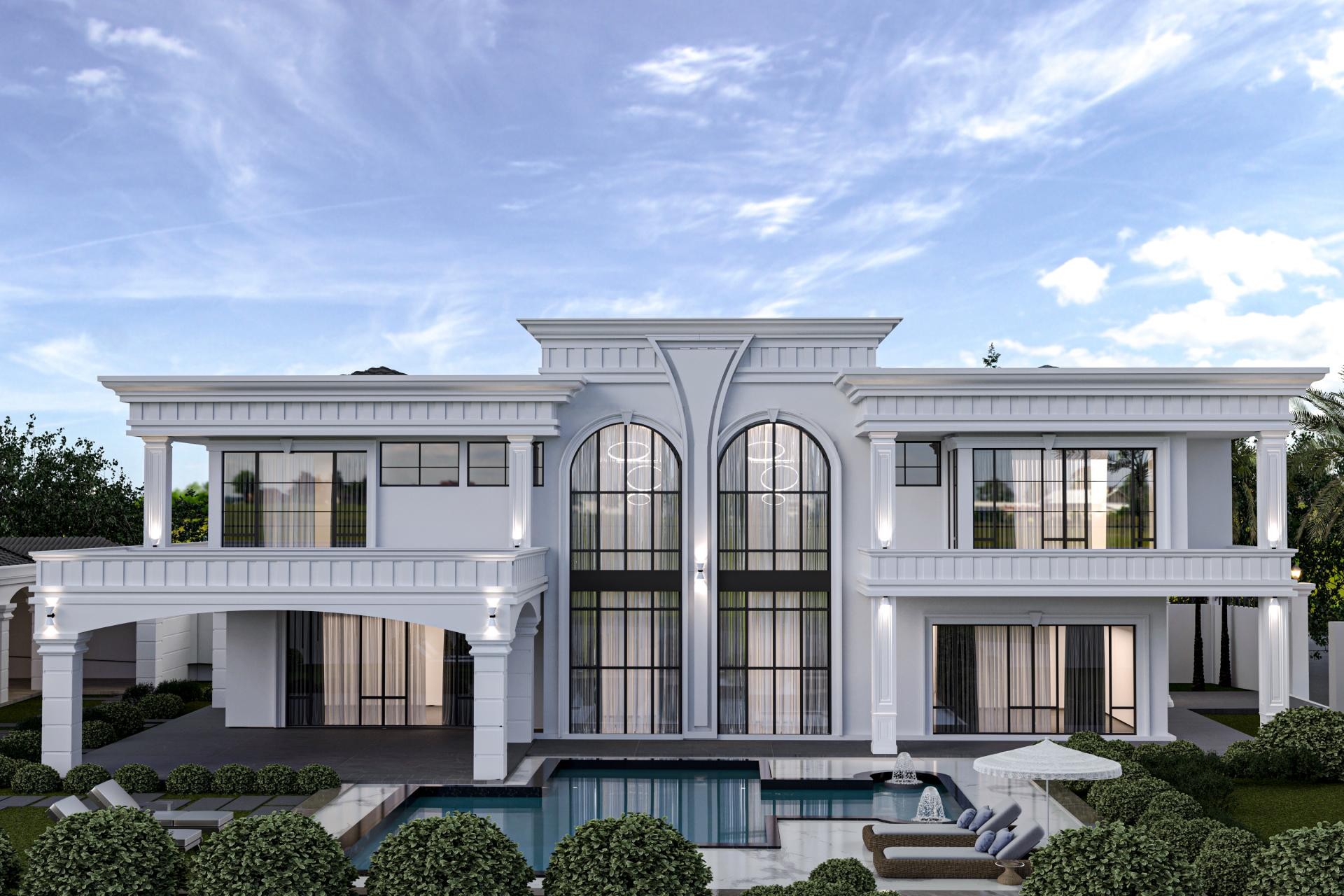 Ortasında iki adet devasa kavisli kemerli penceresi bulunan, etrafı poliüretan söve ve pilaster sütunlarla süslenmiş, önünde yüzme havuzu yer alan beyaz renkli modern-klasik villa.