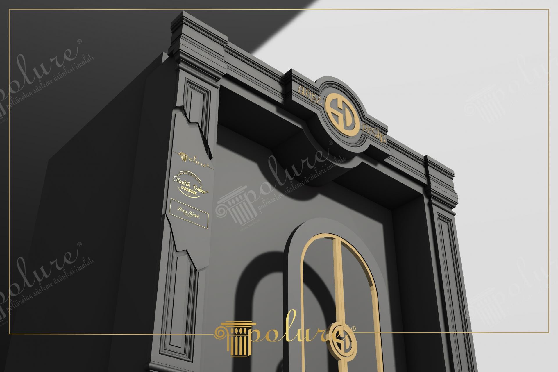 Antrasit gri renkte, altın sarısı şeritler ve logo ile süslenmiş pilaster sütunlu mağaza giriş kapısının çapraz açıdan görünümü.