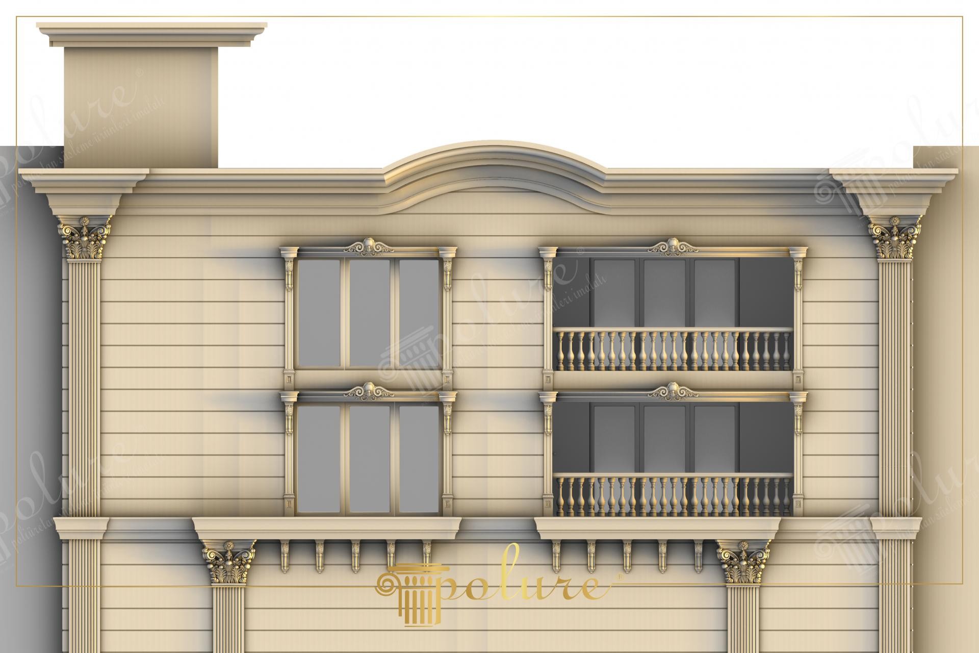 Yatay çizgili krem dış cephe üzerinde, pencereli balkonlar, motifli taçlar ve köşelerde Korint pilaster sütunlar bulunan klasik mimari.