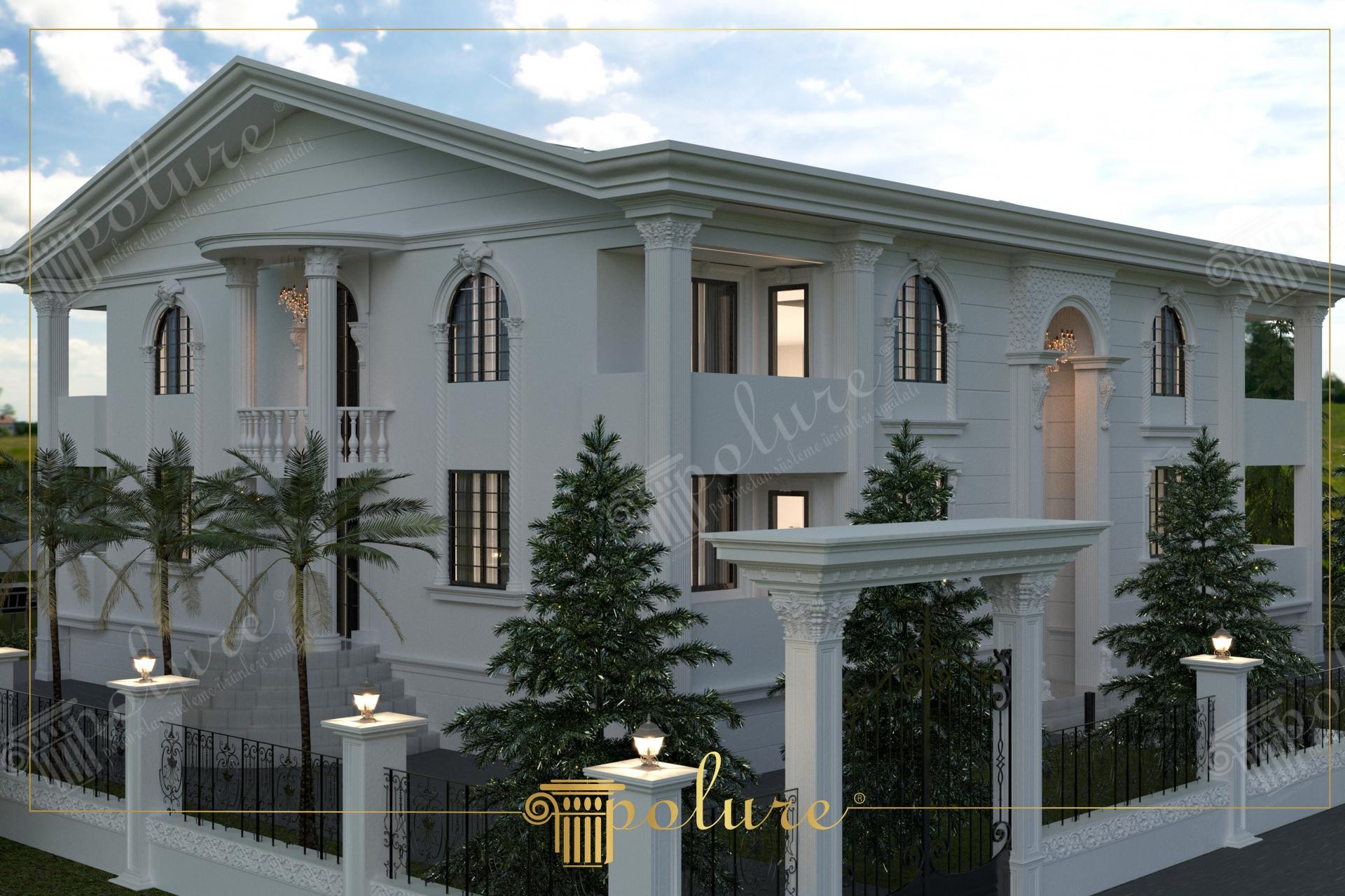 Poliüretan pilaster sütunlar ve kemerli pencere söveleriyle dekore edilmiş iki katlı lüks beyaz villa dış cephesi.
