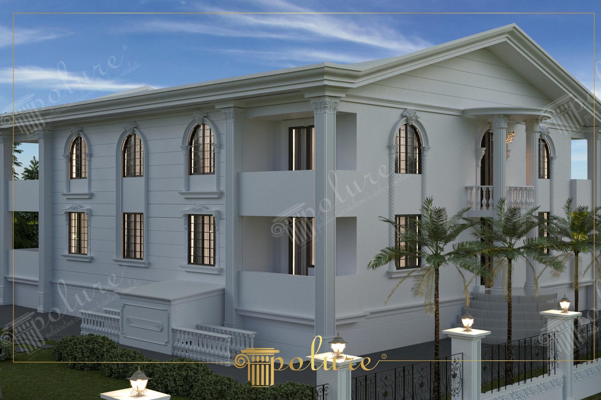 İki katlı beyaz bir villanın yan cephesinden görünen, dekoratif poliüretan pilaster sütunlar ve estetik pencere söveleri.