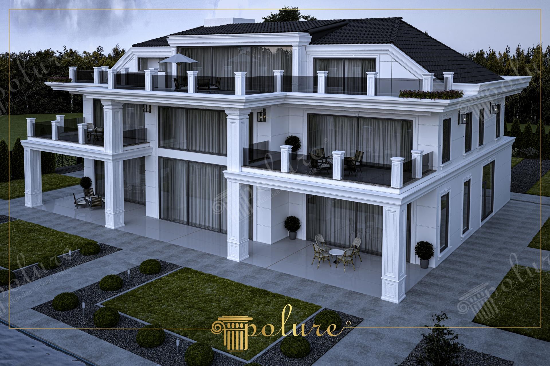 Havuzlu geniş bir bahçeye bakan, beyaz poliüretan kare sütunlar ve antrasit çatı ile tasarlanmış modern villa dış cephesi.