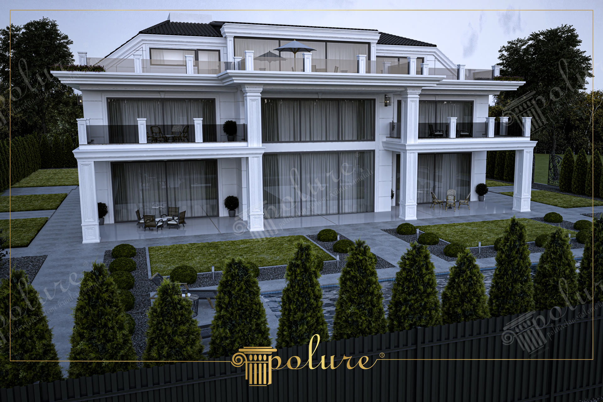 Yüzme havuzu kenarında yükselen, dekoratif beyaz poliüretan sütunlar ve cam balkonlarla tasarlanmış üç katlı modern villa.
