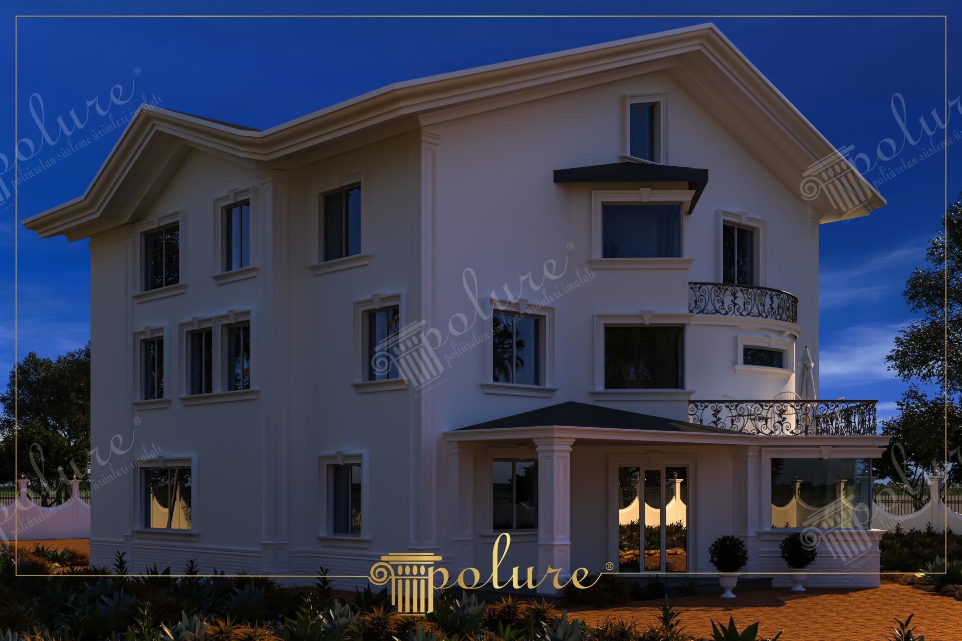 Üç katlı beyaz renkli bir villanın dış cephesinde yer alan dekoratif pencere söveleri, yatay kat silmeleri ve dairesel balkon sütunları.