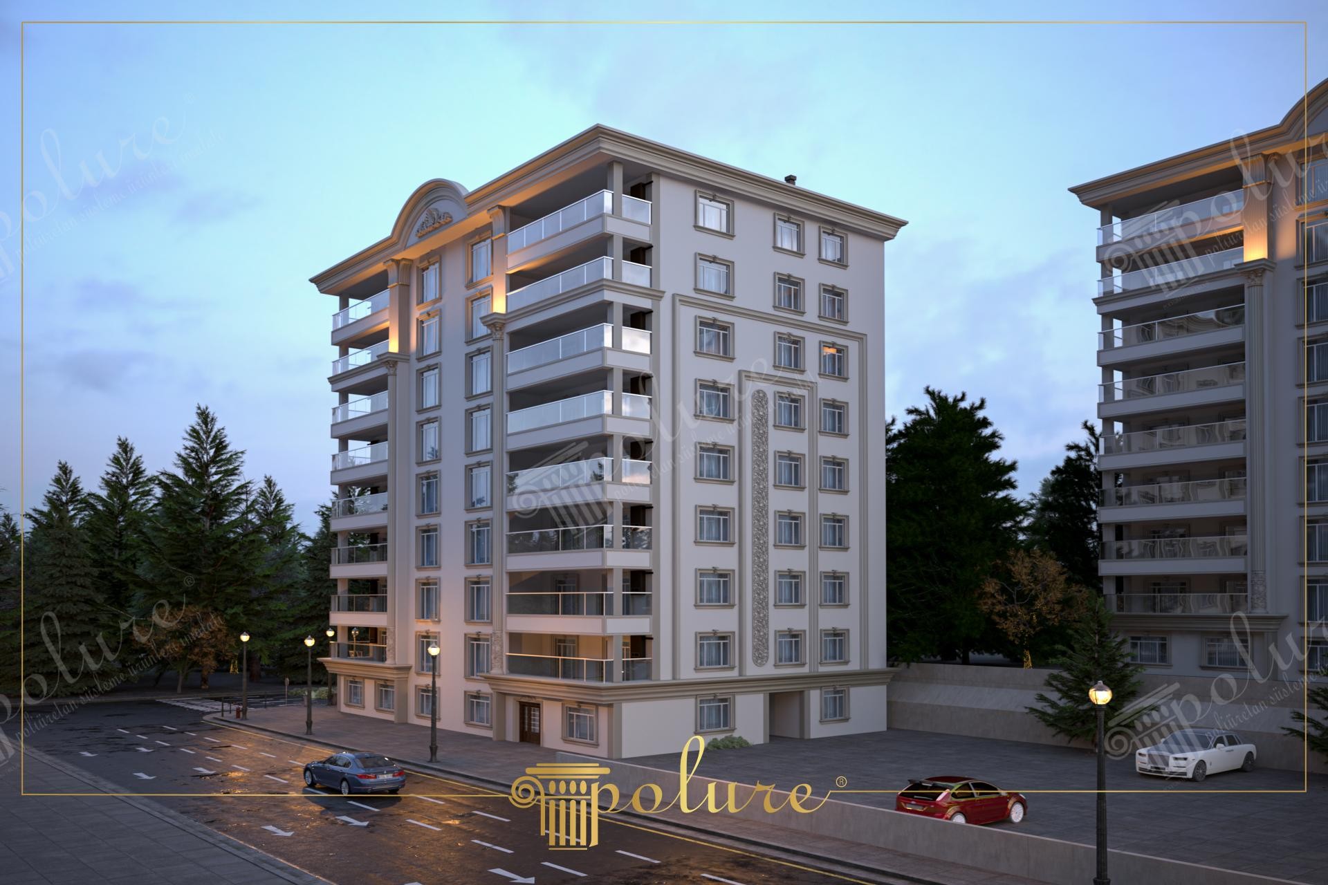 8 katlı beyaz bir apartmanın dış cephesinde uygulanan dikey pilaster sütunlar, kat silmeleri ve merkezdeki oymalı dekoratif panel.