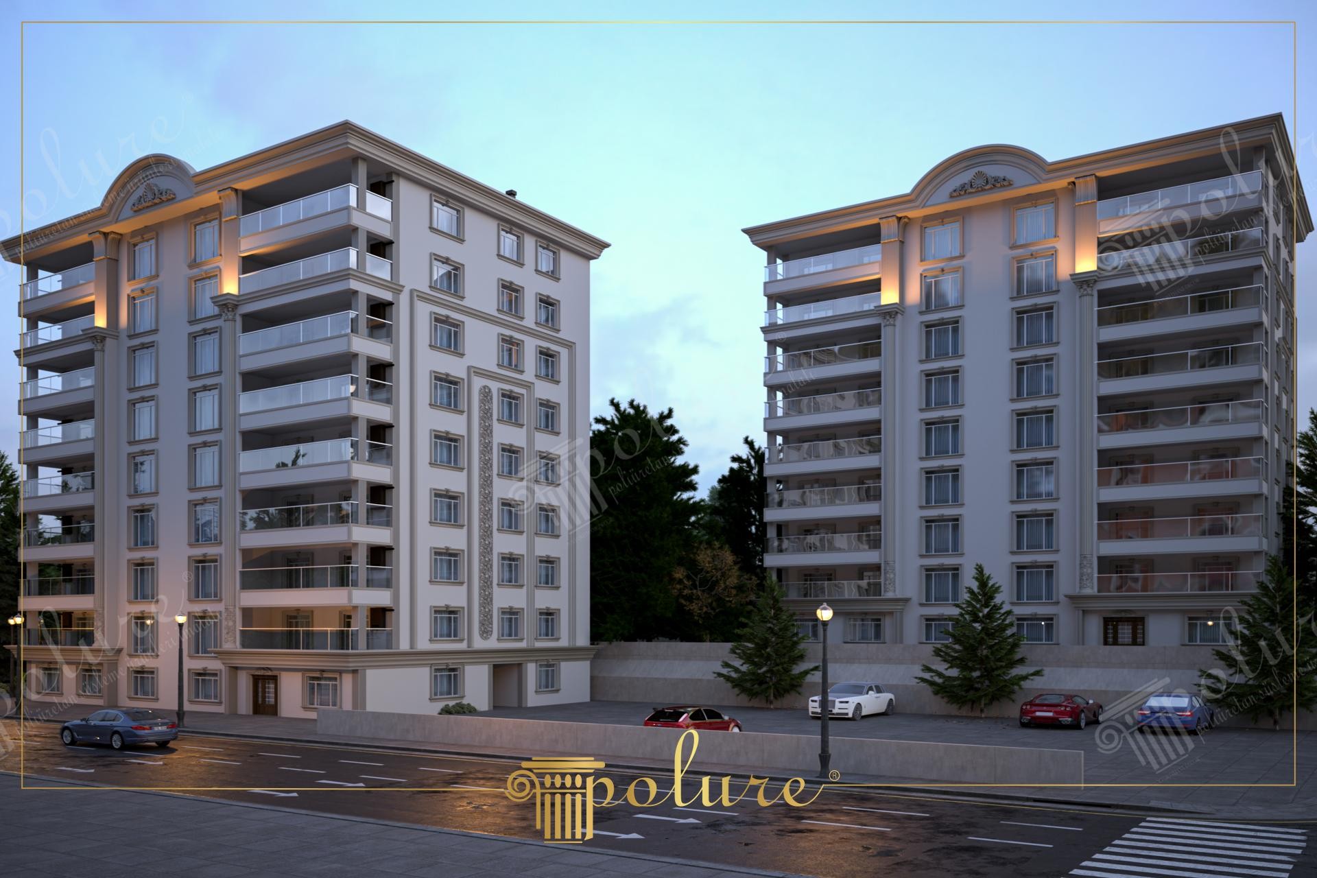 Yan yana duran sekiz katlı, beyaz renkli iki apartman bloğunda kullanılan dikey poliüretan sütunlar, kat silmeleri ve kavisli çatı taçları.