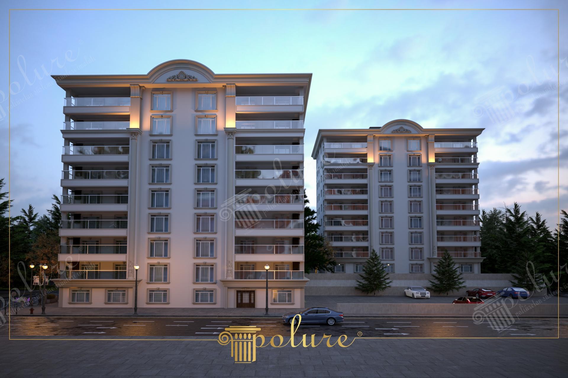 Karşıdan çekilmiş 8 katlı beyaz iki adet ikiz apartman bloğunun dış cephesinde yer alan pilaster sütunlar, çatı alınlıkları ve aplikli aydınlatmalar.