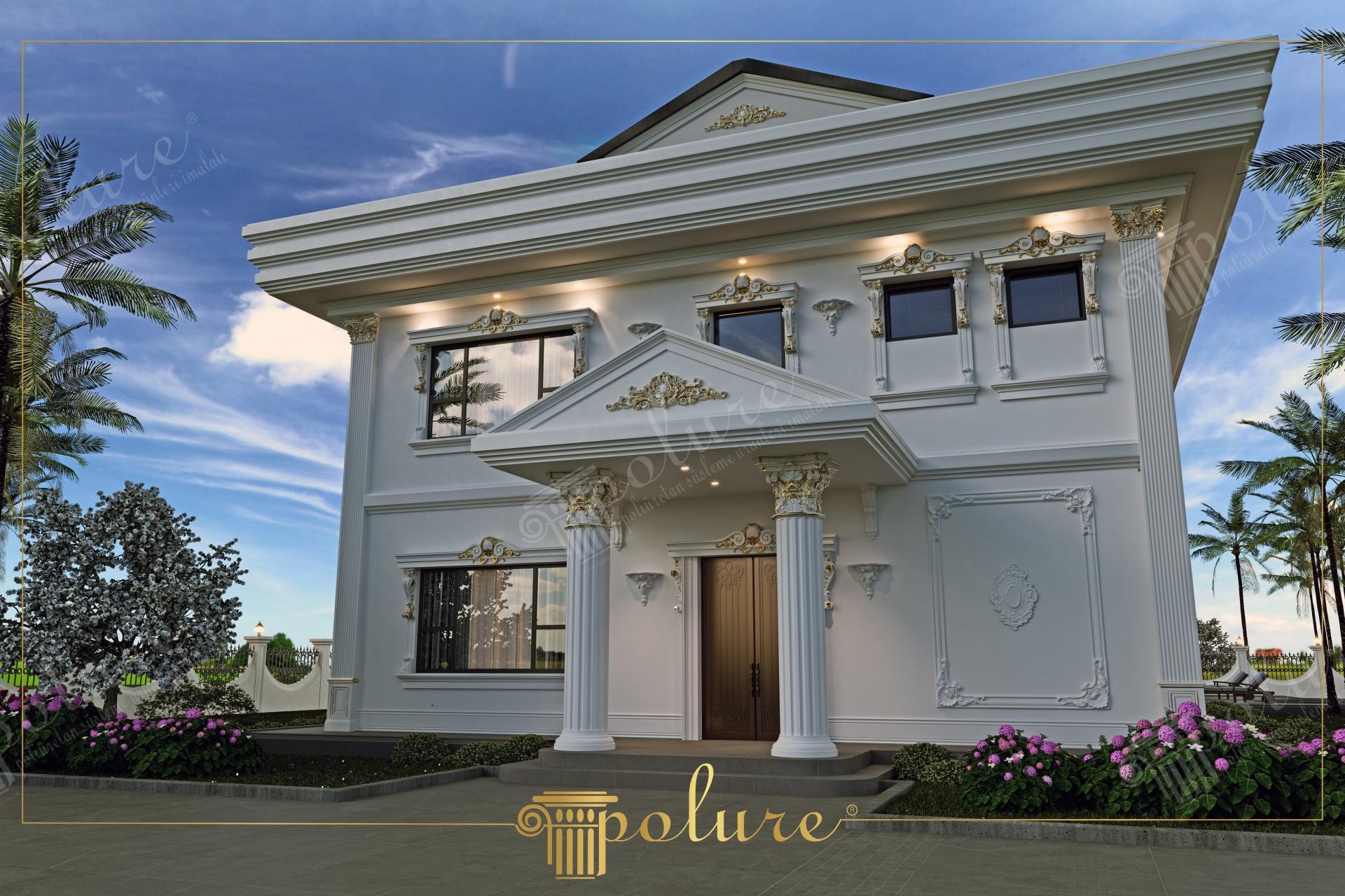 Üçgen alınlığında geniş cam bulunan, büyük teraslı ve köşelerinde beyaz poliüretan pilaster sütunlar yer alan modern villa tasarımı.