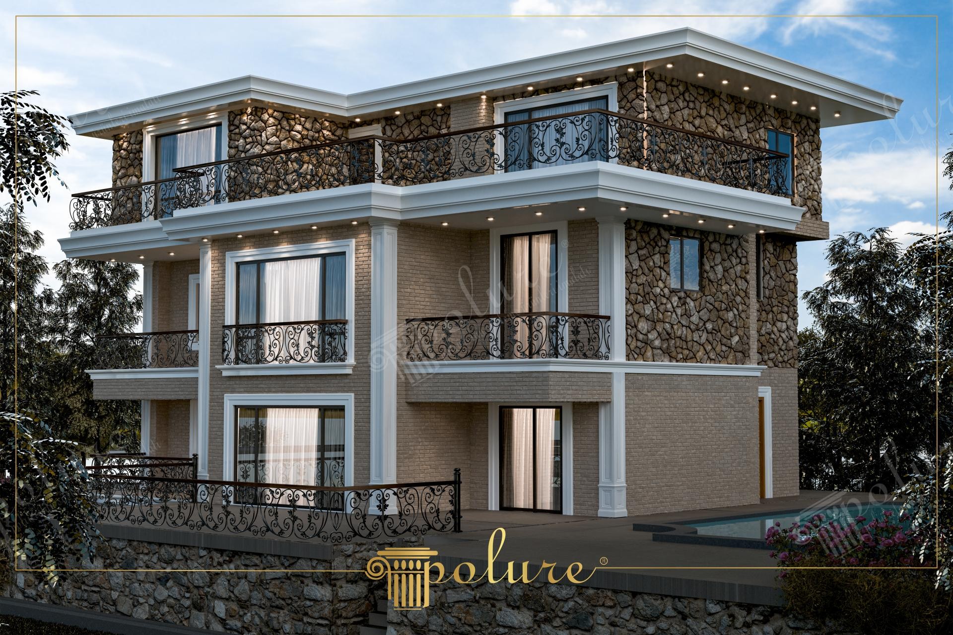 Doğal taşlı villa cephesinde uygulanan beyaz renkli poliüretan pencere söveleri, dikey sütunlar ve kat silmesi detayları