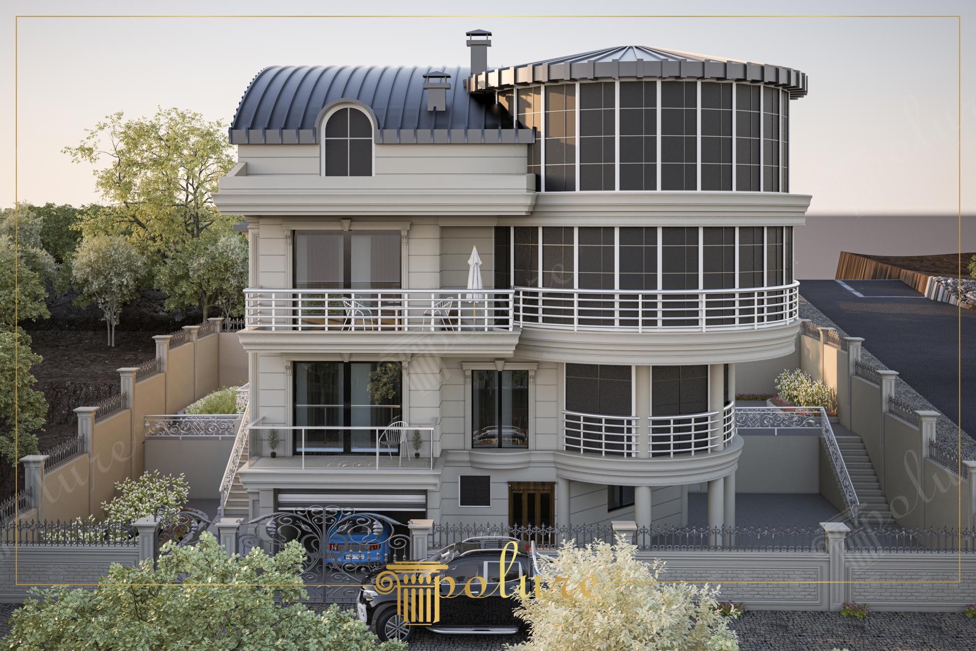 Silindirik cam kuleli modern villada uygulanan kavisli poliüretan kat silmesi, pencere söveleri ve dekoratif dış cephe kaplamaları