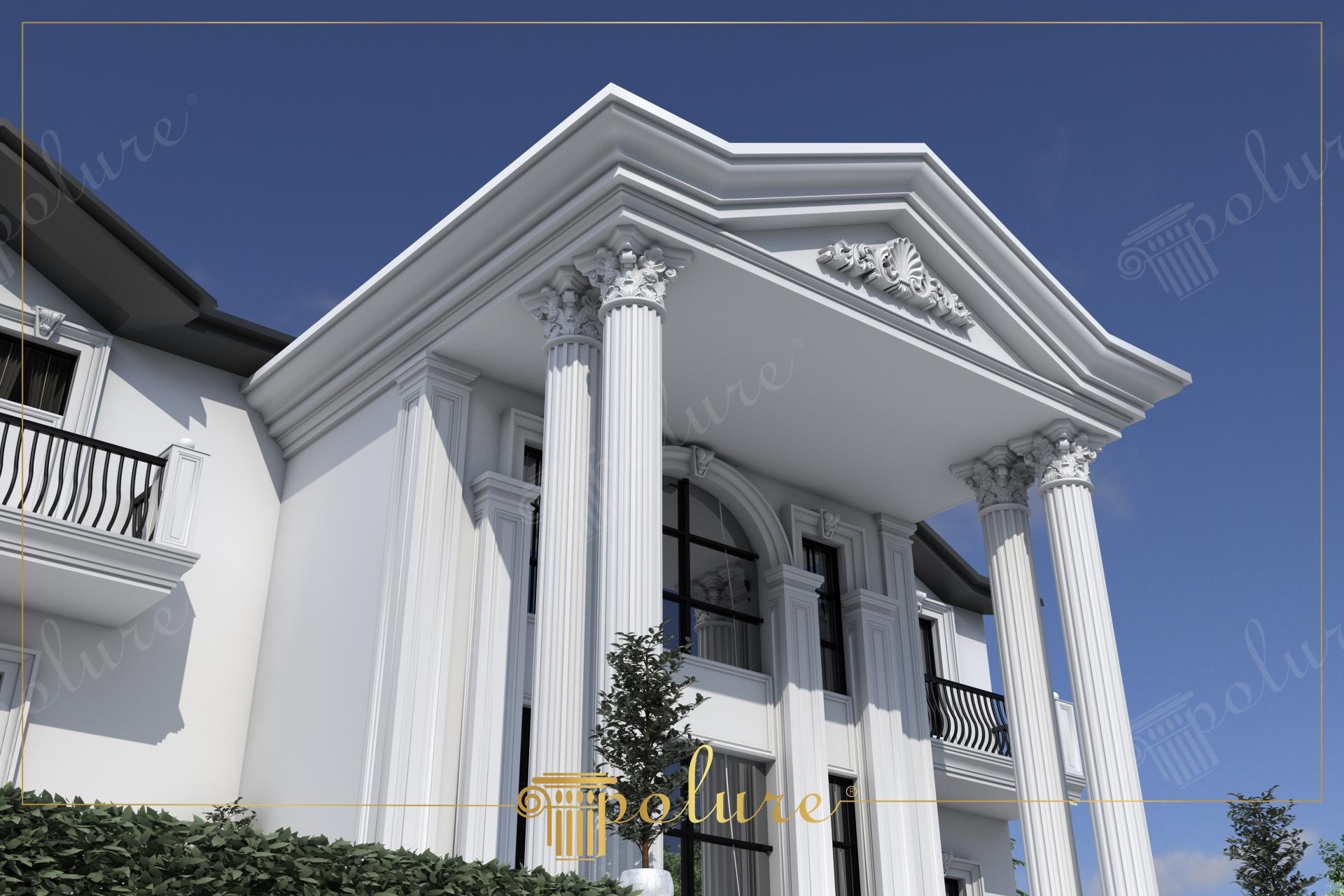 İki katlı villa girişini süsleyen devasa boyutta yivli poliüretan sütunlar, korint başlıklar ve üçgen çatı alınlığı.