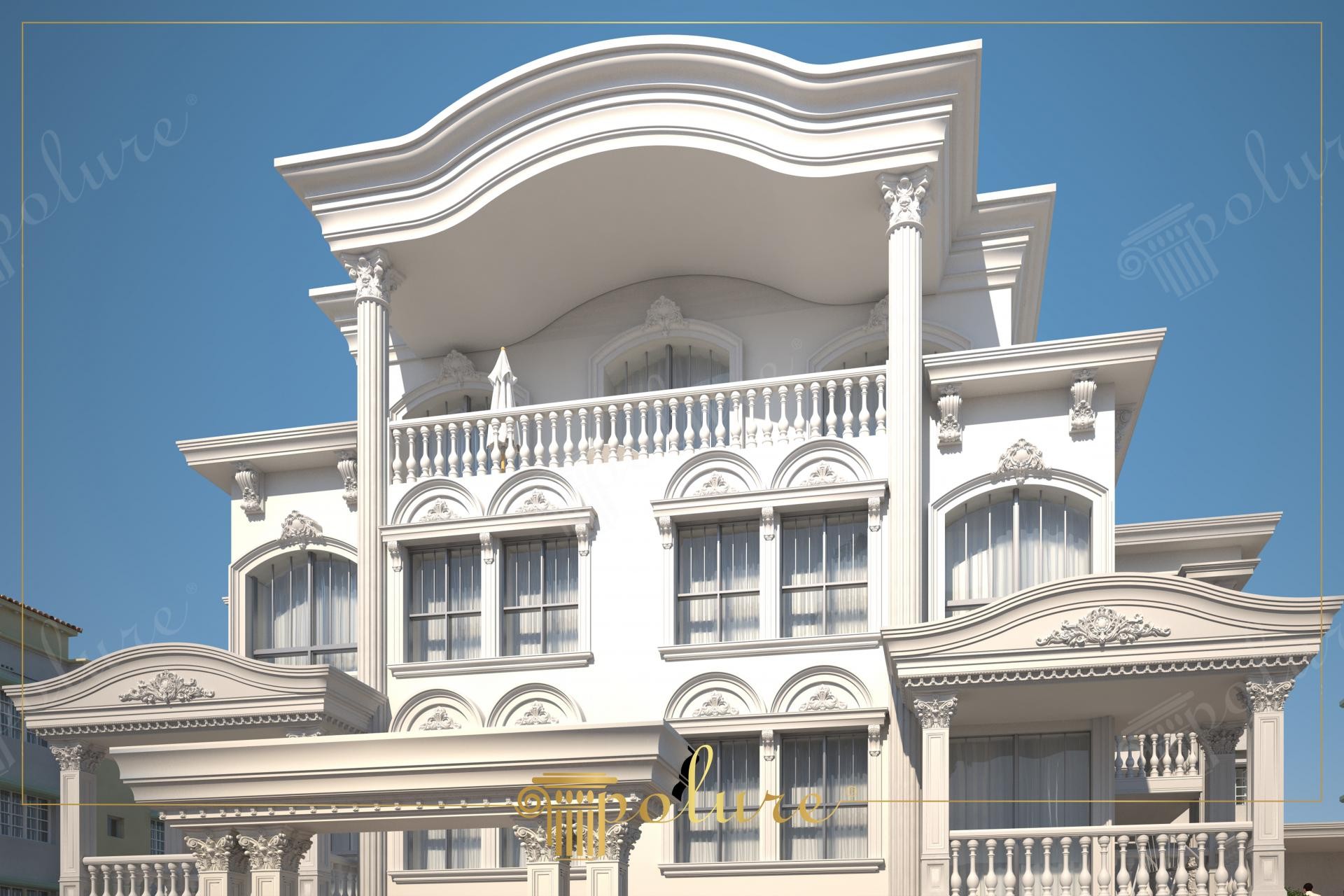 Balkonlu ve çok katlı beyaz villanın dış cephesindeki poliüretan pilaster sütunlar, kavisli söveler ve pencere alınlıkları.