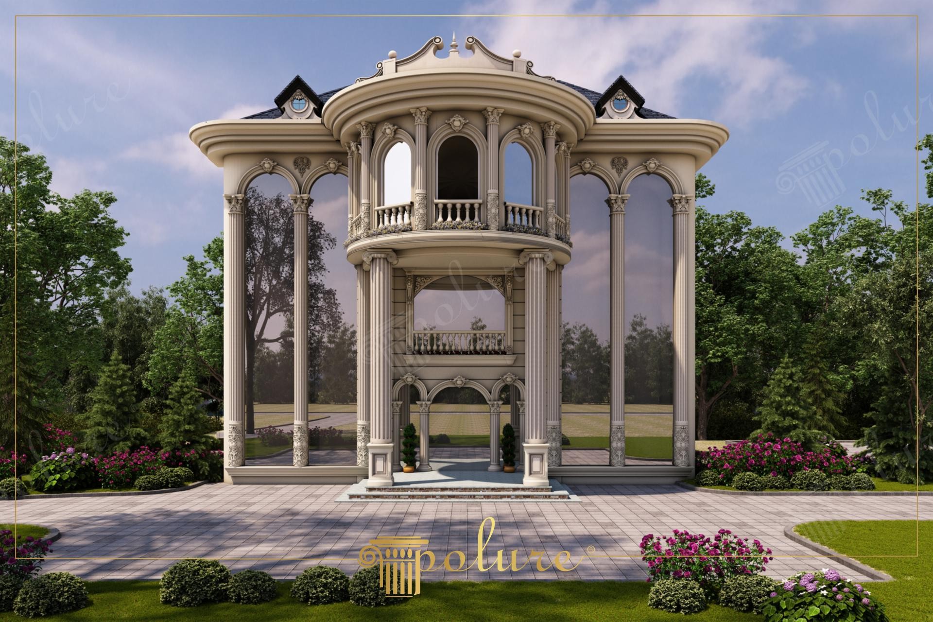 İki kat yüksekliğinde devasa yivli sütunlar, büyük cam paneller ve kavisli kemerlere sahip klasik tarzda lüks villa dış cephesi.