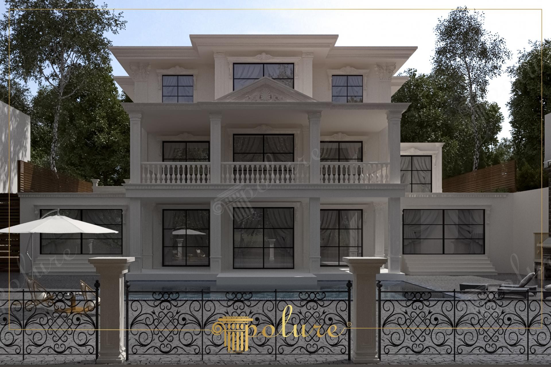 Açık renk tonlarında boyanmış, yivli sütunlar, pencere söveleri, teras korkulukları ve koyu renkli doğramalara sahip üç katlı havuzlu villa dış cephesi.