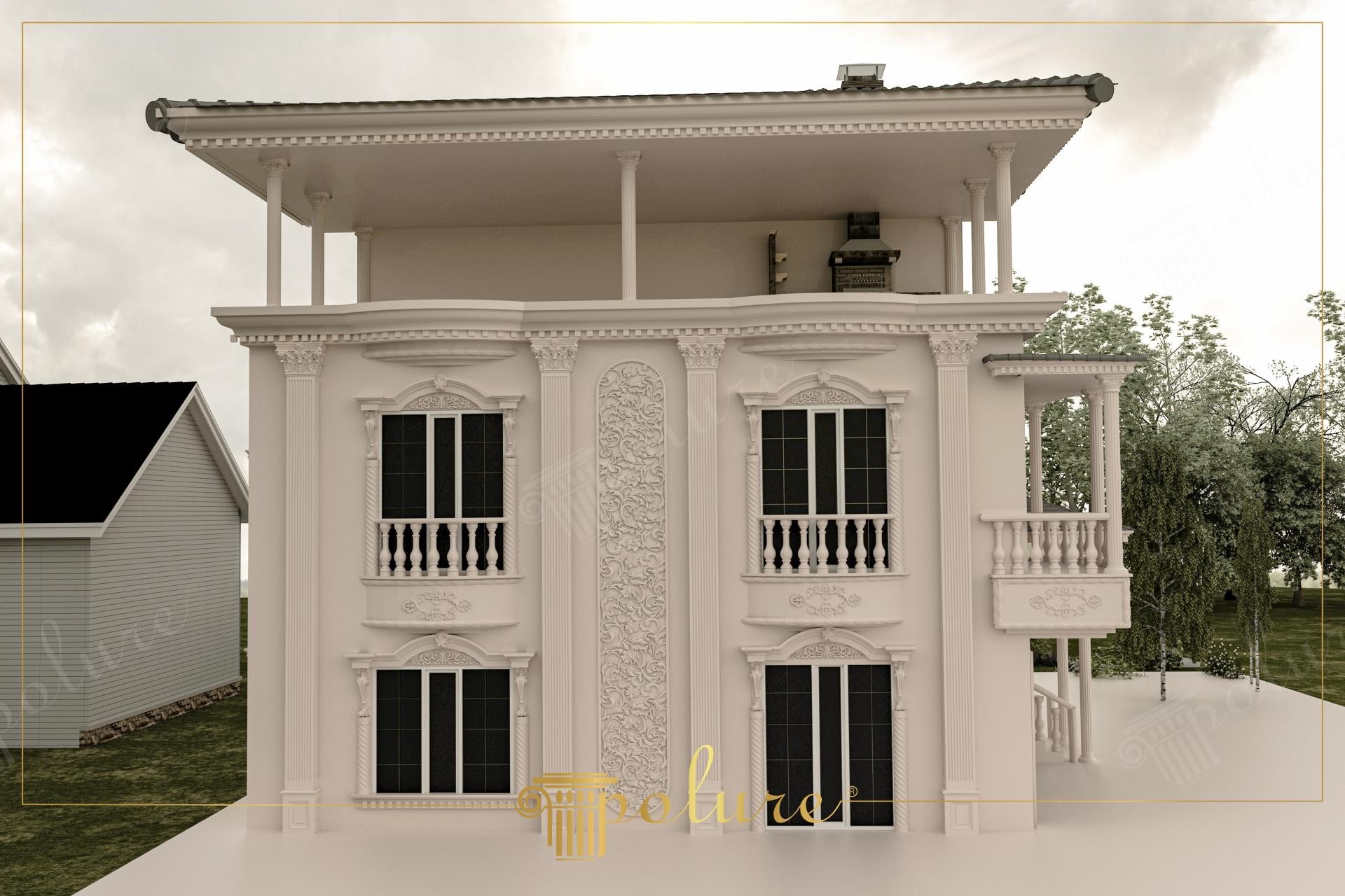Beyaz villa cephesinde iki pencere arasına yerleştirilmiş büyük çiçek desenli poliüretan rölyef pano ve yivli pilaster sütunlar.
