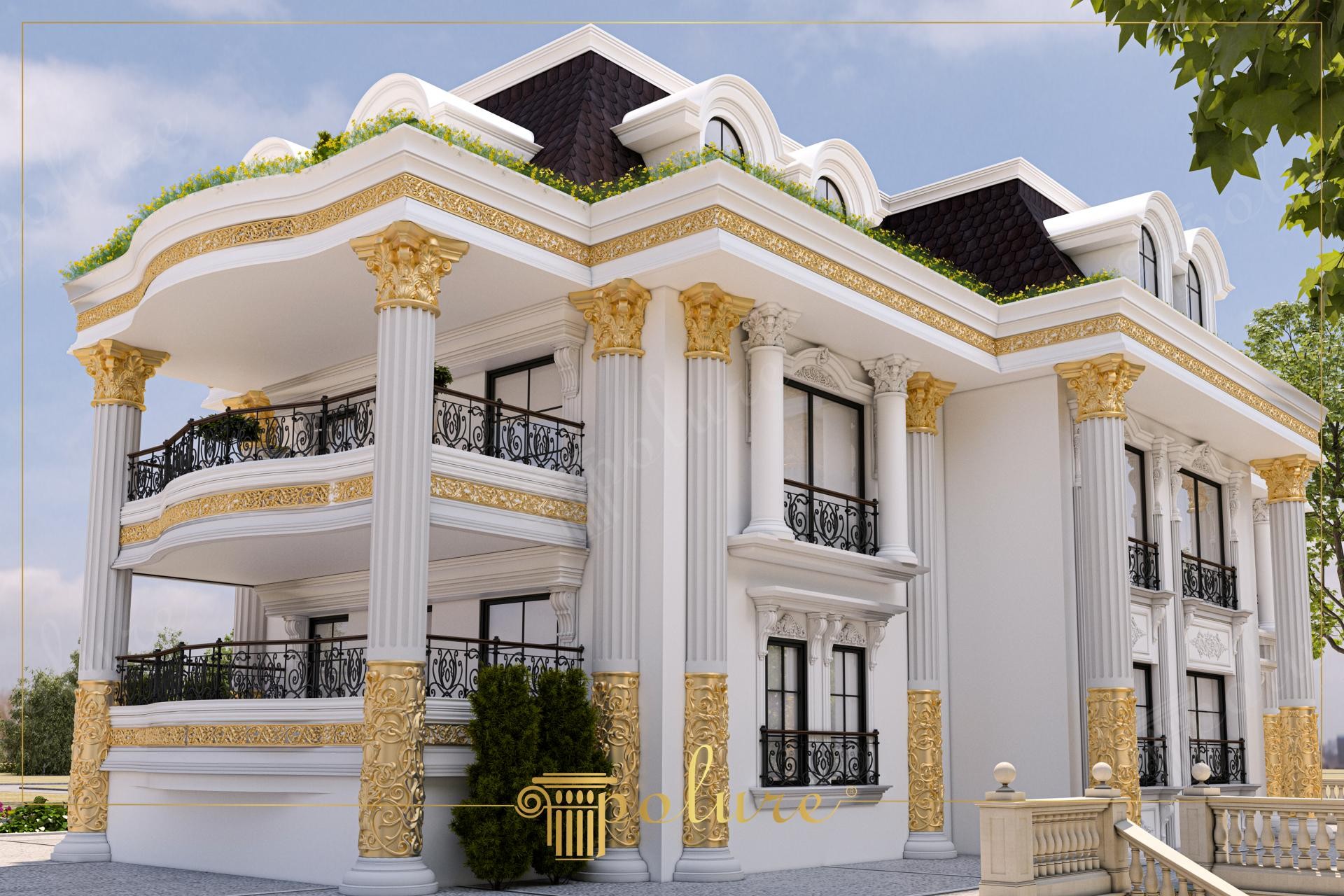 Altın sarısı işlemeli poliüretan sütunlar, balkon korkulukları ve kemerli çatı pencereleri ile süslenmiş çok katlı beyaz lüks villa cephesi.
