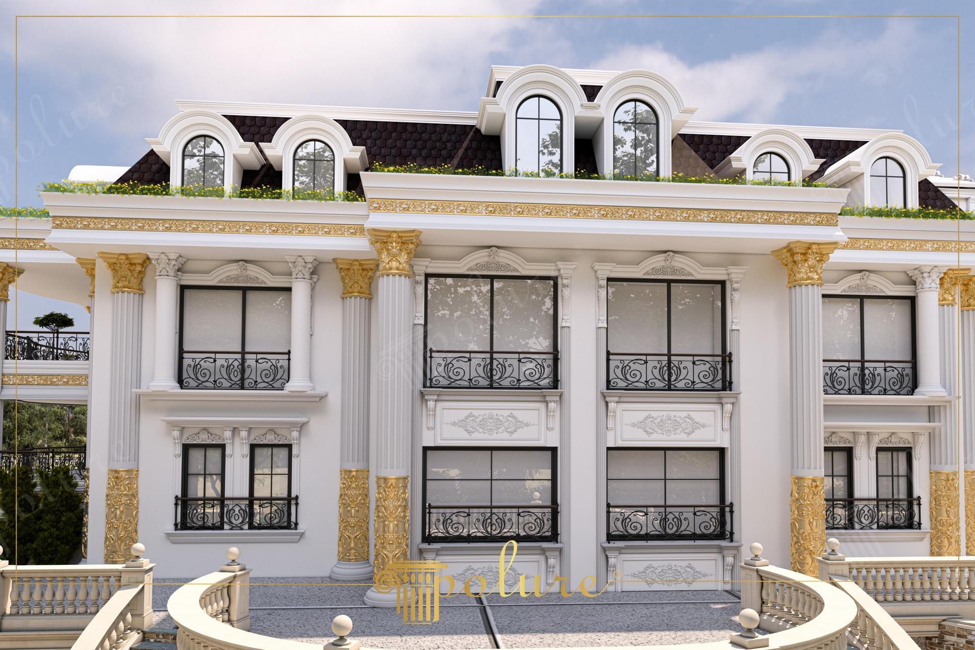 Klasik tarzda tasarlanmış, beyaz ve altın sarısı poliüretan söveler, paneller ve yivli sütunlarla dekore edilmiş lüks villa cephesi.