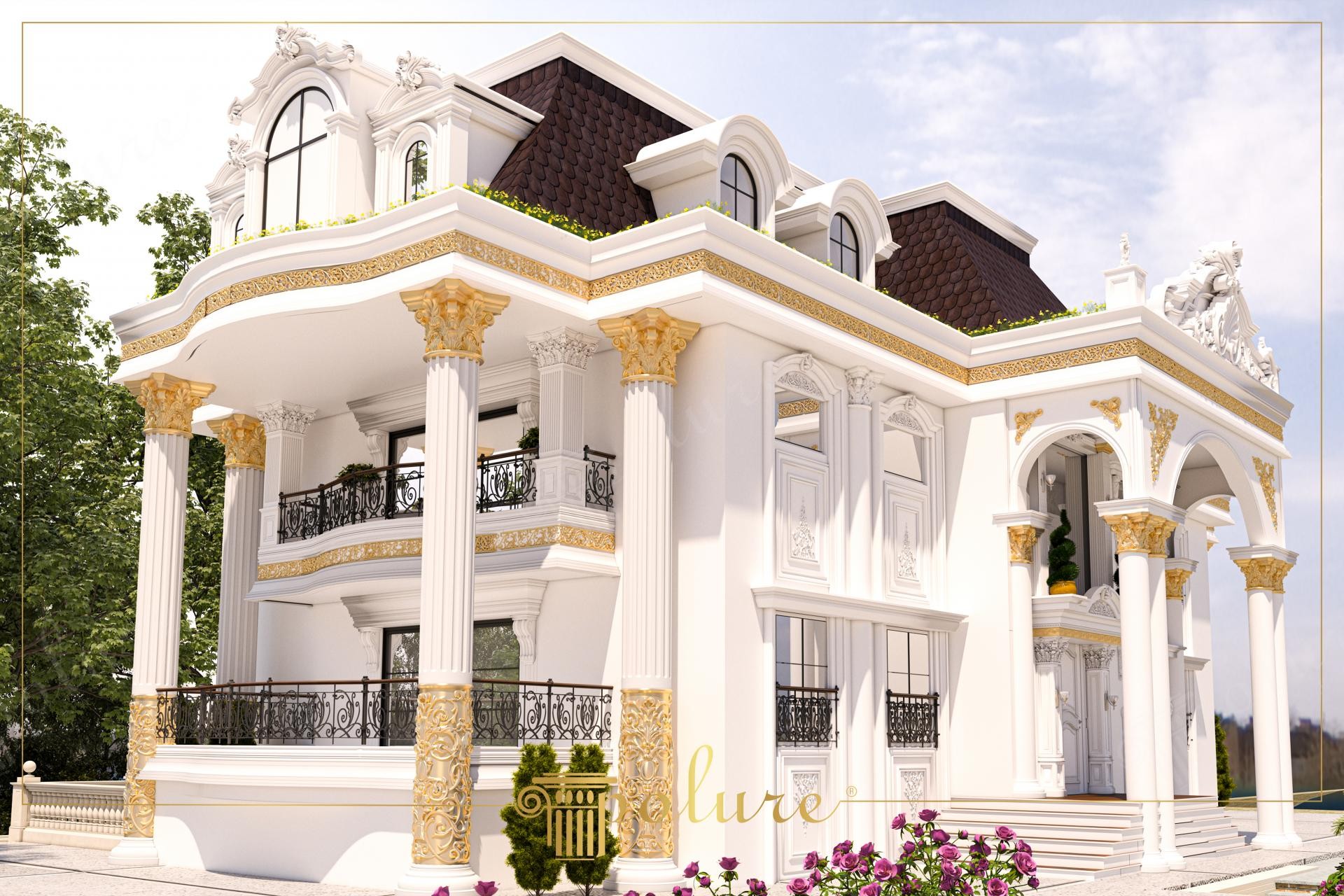 Çift taraflı merdivenli girişi, altın rengi poliüretan sütunları ve kemerli revaklarıyla dikkat çeken klasik beyaz villa dış cephesi.