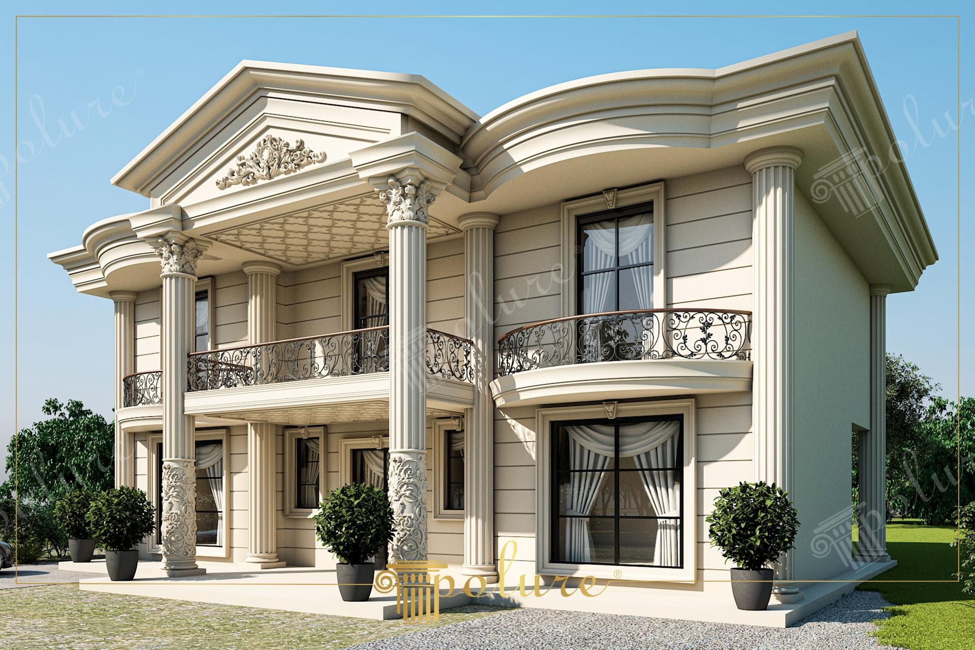 Açık bej renkli, yivli korint sütunlara ve işlemeli alınlıklara sahip, siyah pencere doğramalarıyla dekore edilmiş iki katlı lüks villa dış cephesi.