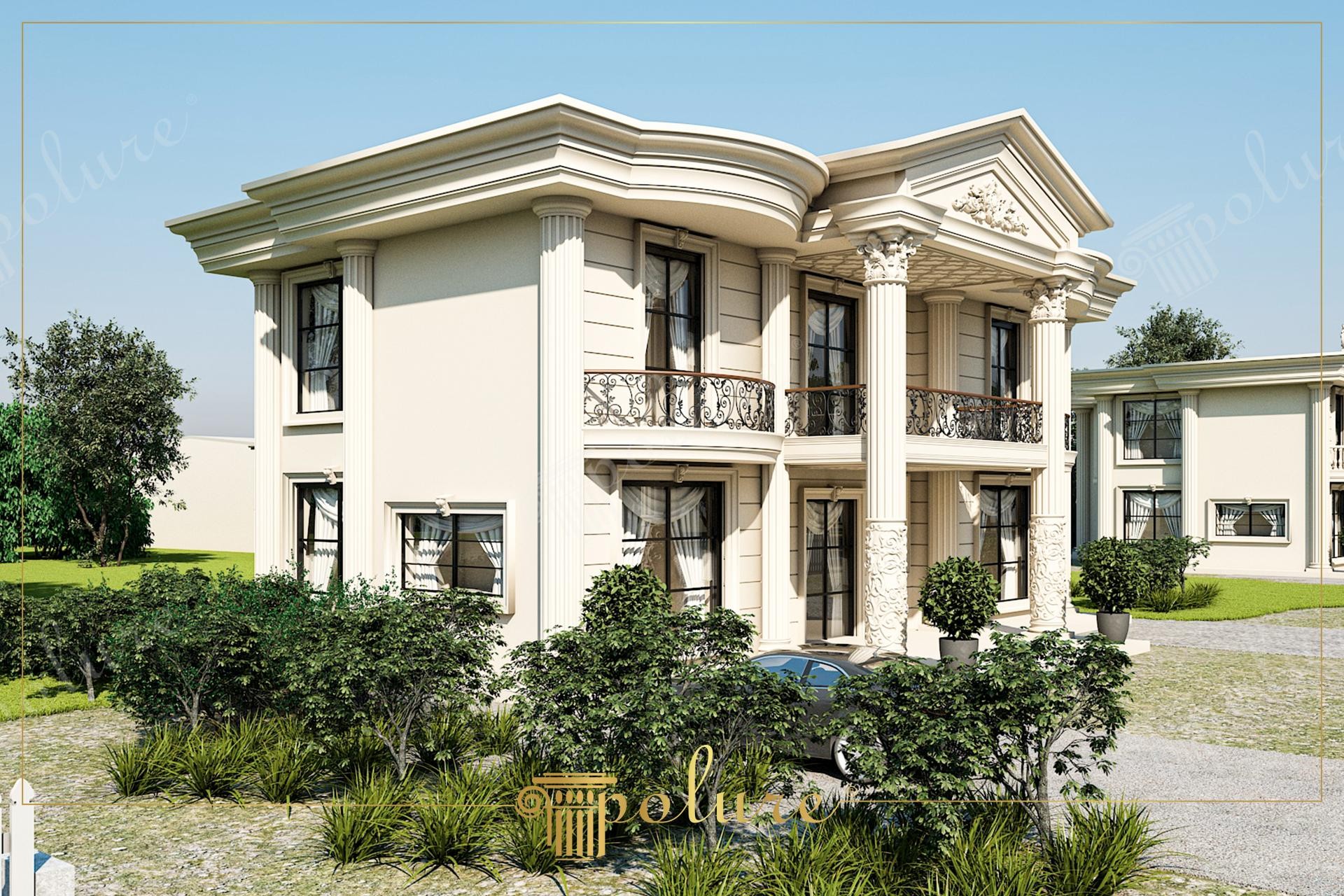 Bej renkli dış cephesi, yivli sütunları ve siyah ferforje balkonları olan iki katlı lüks klasik villa.