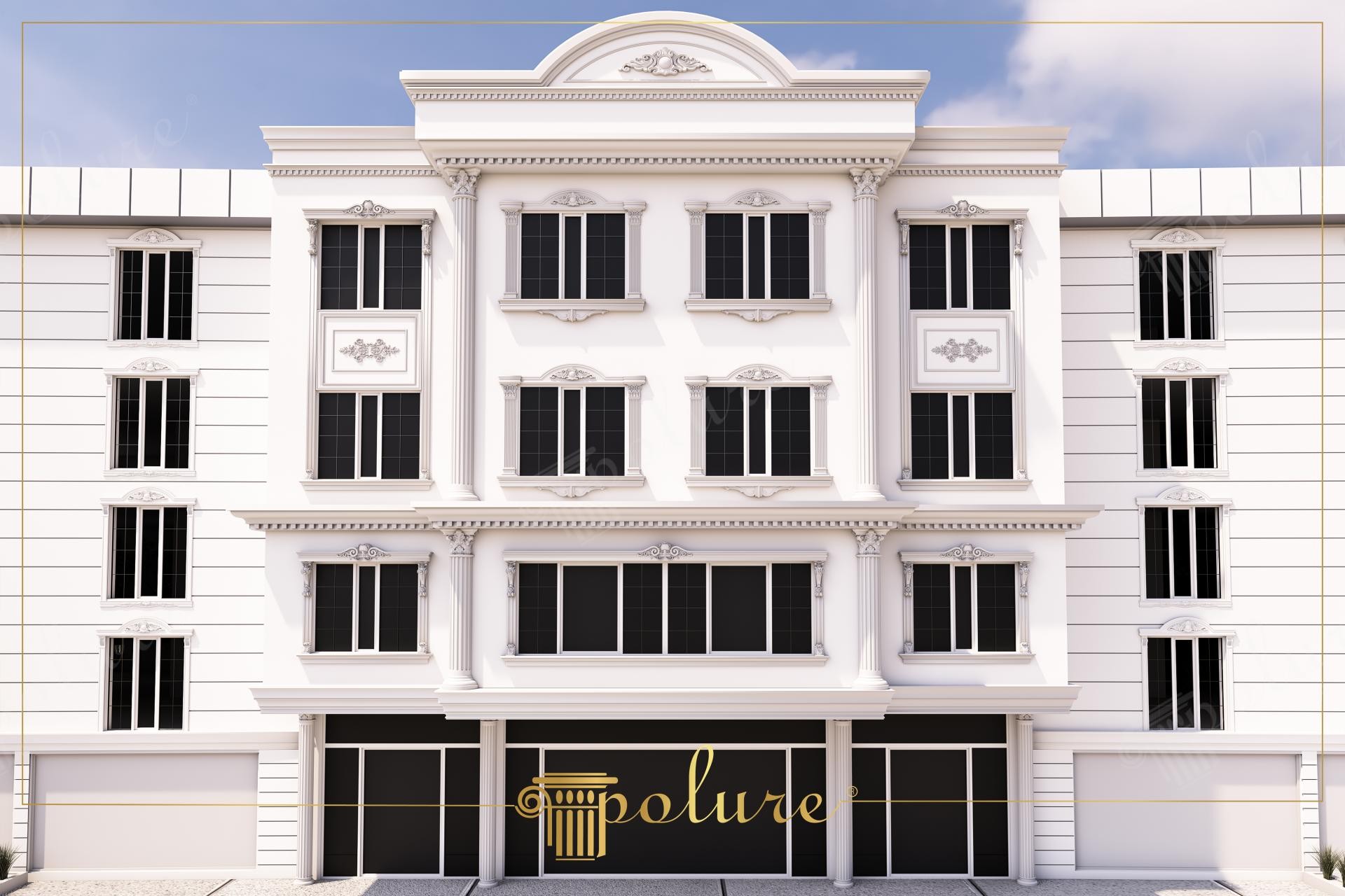 Alt katında koyu vitrinler, üst katlarında beyaz poliüretan pilaster sütunlar ve taçlı pencereler olan çok katlı bina dış cephesi.