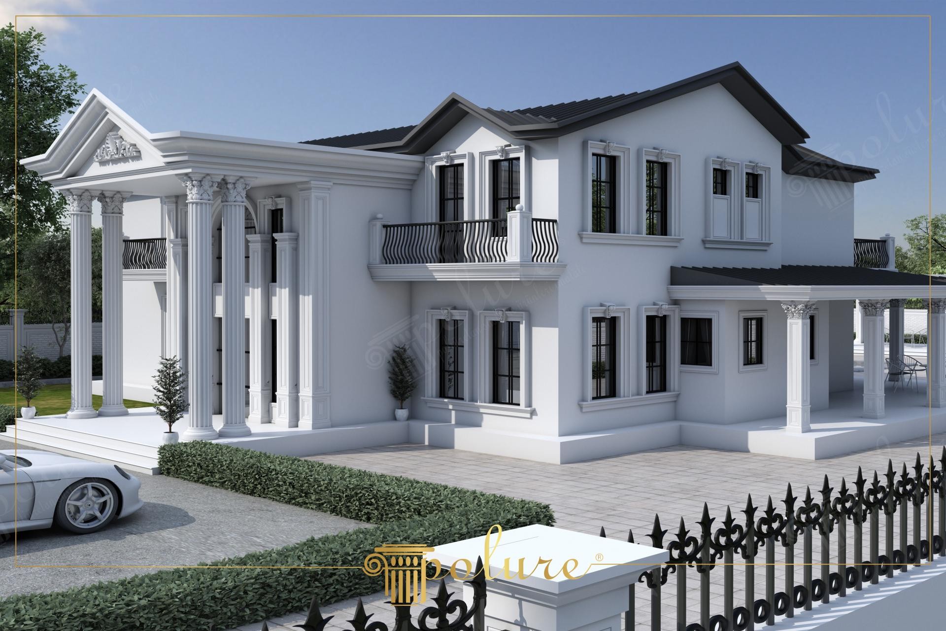 Ön girişinde uzun yivli sütunlar ve dekoratif üçgen alınlık bulunan, beyaz dış cepheli iki katlı müstakil villa tasarımı.