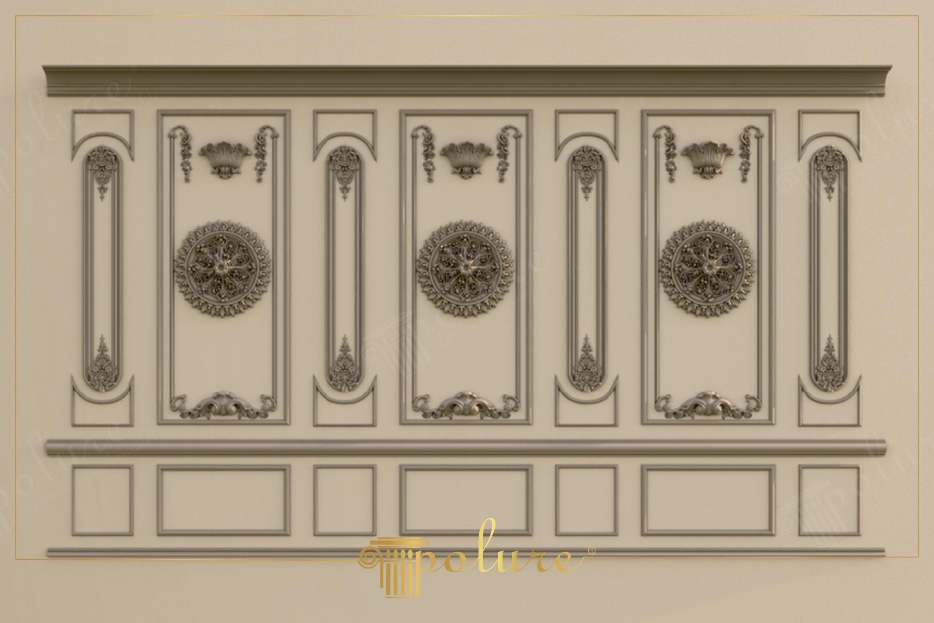 Alt kısmında sade dikdörtgen çerçeveler, üst kısmında ise dairesel madalyonlar ve dikey süslemeler barındıran, bej renkli klasik boiserie tarzı poliüretan duvar paneli tasarımı.