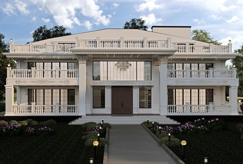 Geniş pencereli, klasik balustradlı balkonlara, süslemeli pilaster sütunlara ve payandalara sahip simetrik iki katlı beyaz lüks villa dış cephesi.