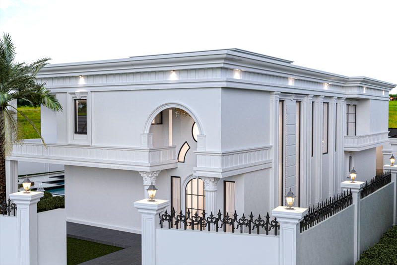 Geniş kavisli bir giriş kemerine, dikey pilaster sütunlara ve poliüretan pencere sövelerine sahip beyaz renkli iki katlı villa cephesi ve siyah bahçe çitleri.