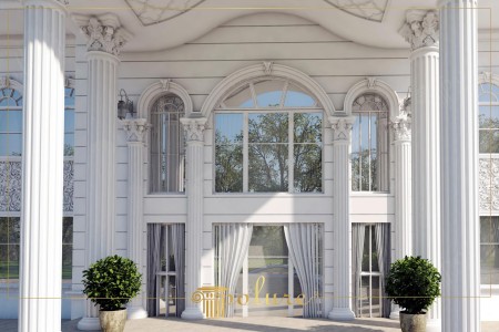 Beyaz Villa Dış Cephesinde Poliüretan Dev Sütun ve Kemerli Söve Uygulamaları