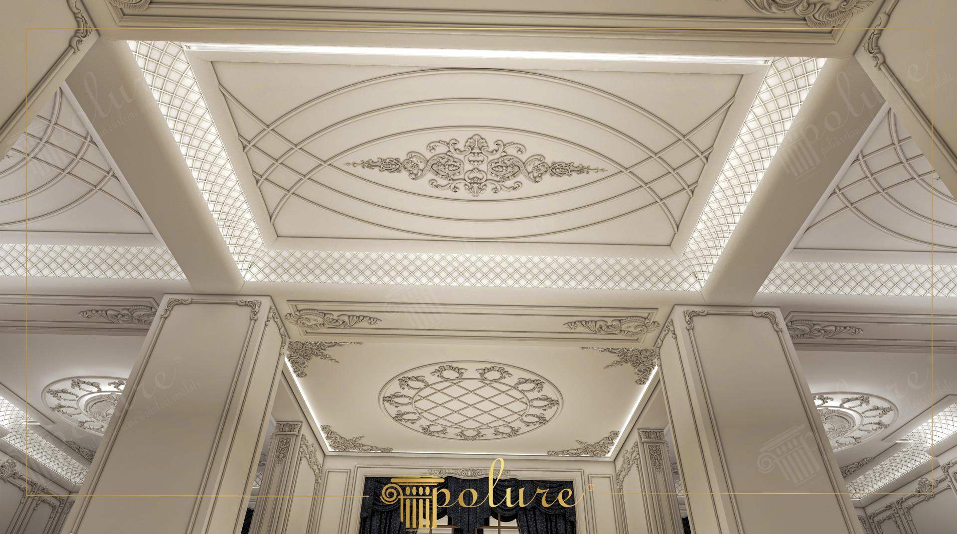 Düğün salonunda gizli aydınlatmalı baklava desenli poliüretan kaset tavan ve pilaster kaplı sütun uygulaması.