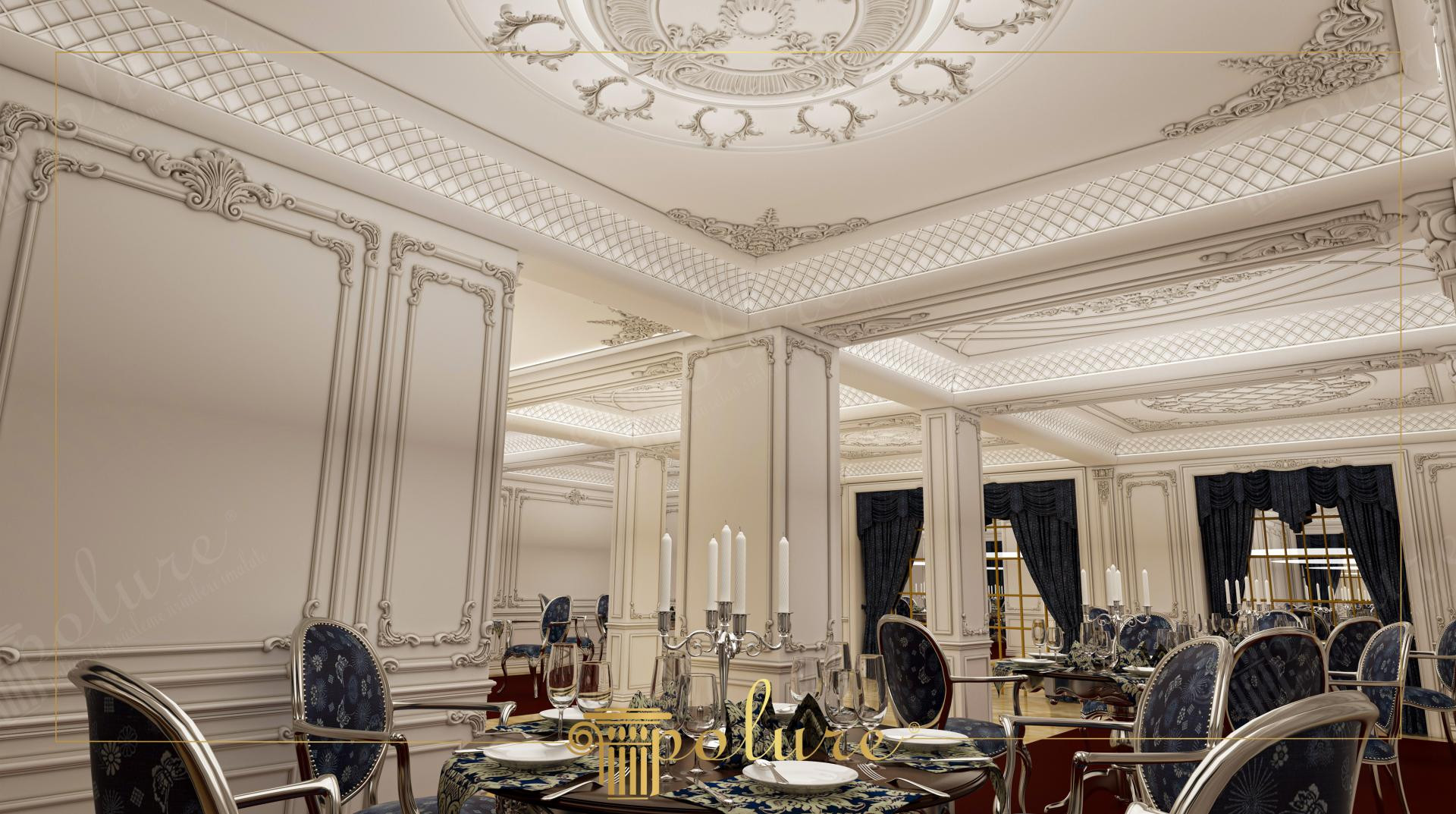 Klasik desenli mavi sandalyelerin, şamdanların ve baklava desenli kaset tavan ile yuvarlak tavan göbeklerinin bulunduğu lüks restoran/düğün salonu.