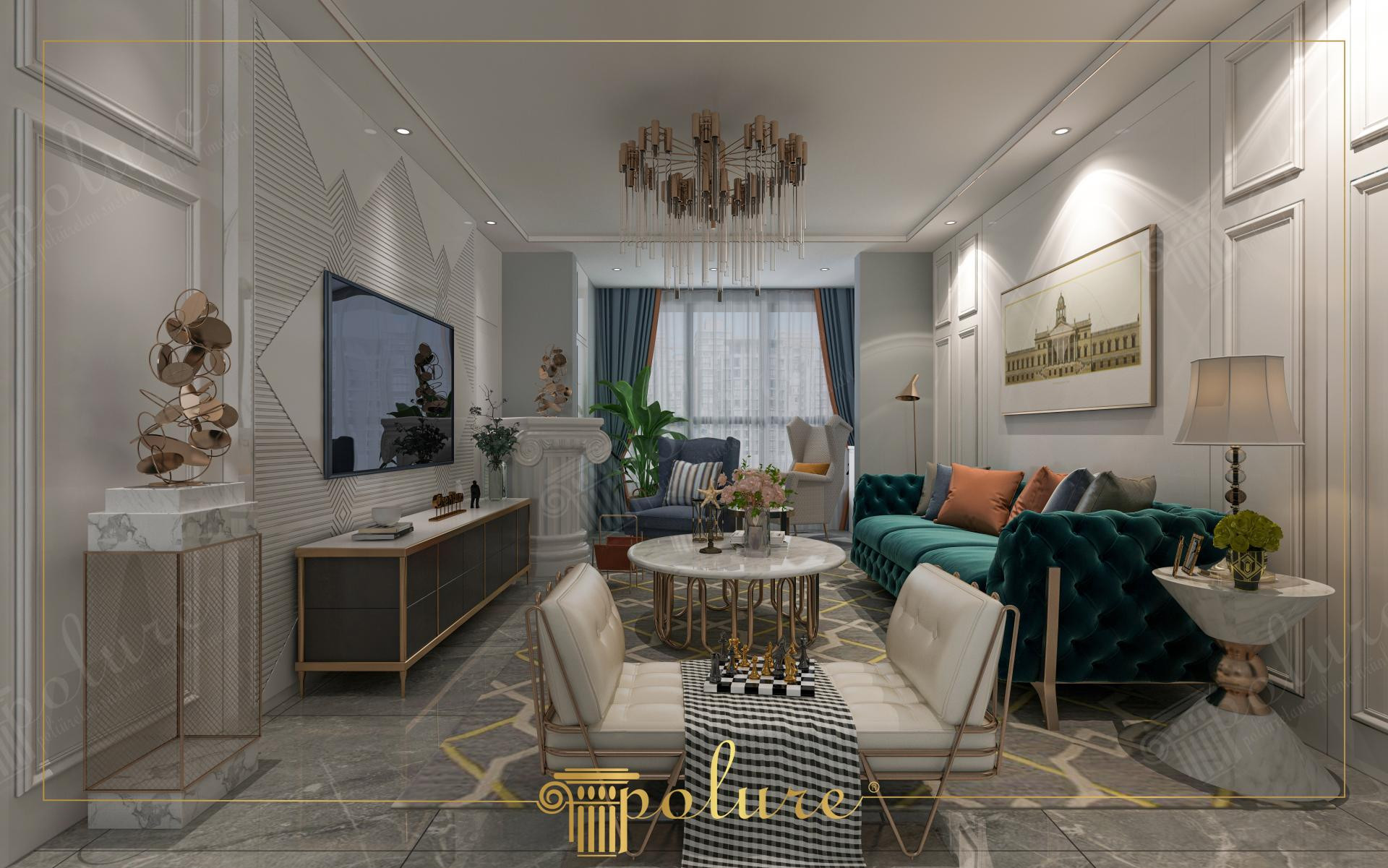 Modern salon dekorasyonunda televizyon arkasına uygulanmış beyaz geometrik desenli poliüretan duvar paneli ve yeşil chester koltuk.