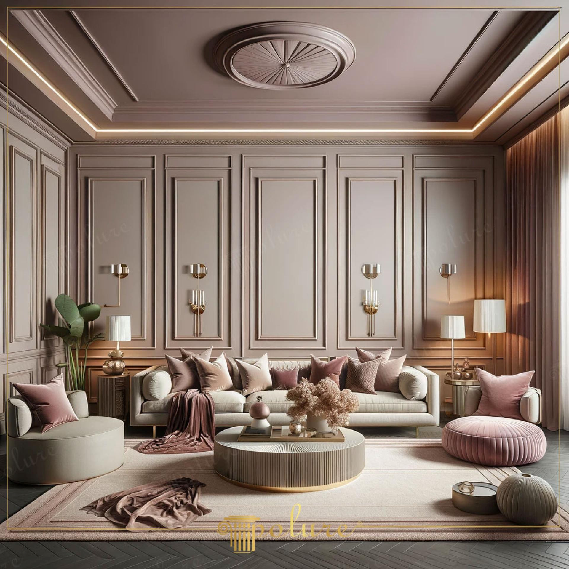 Ortasında büyük dairesel bir sanat eseri bulunan simetrik poliüretan çıta kaplamalı bej duvar, tavan aydınlatmaları ve modern koltukların bulunduğu şık salon.