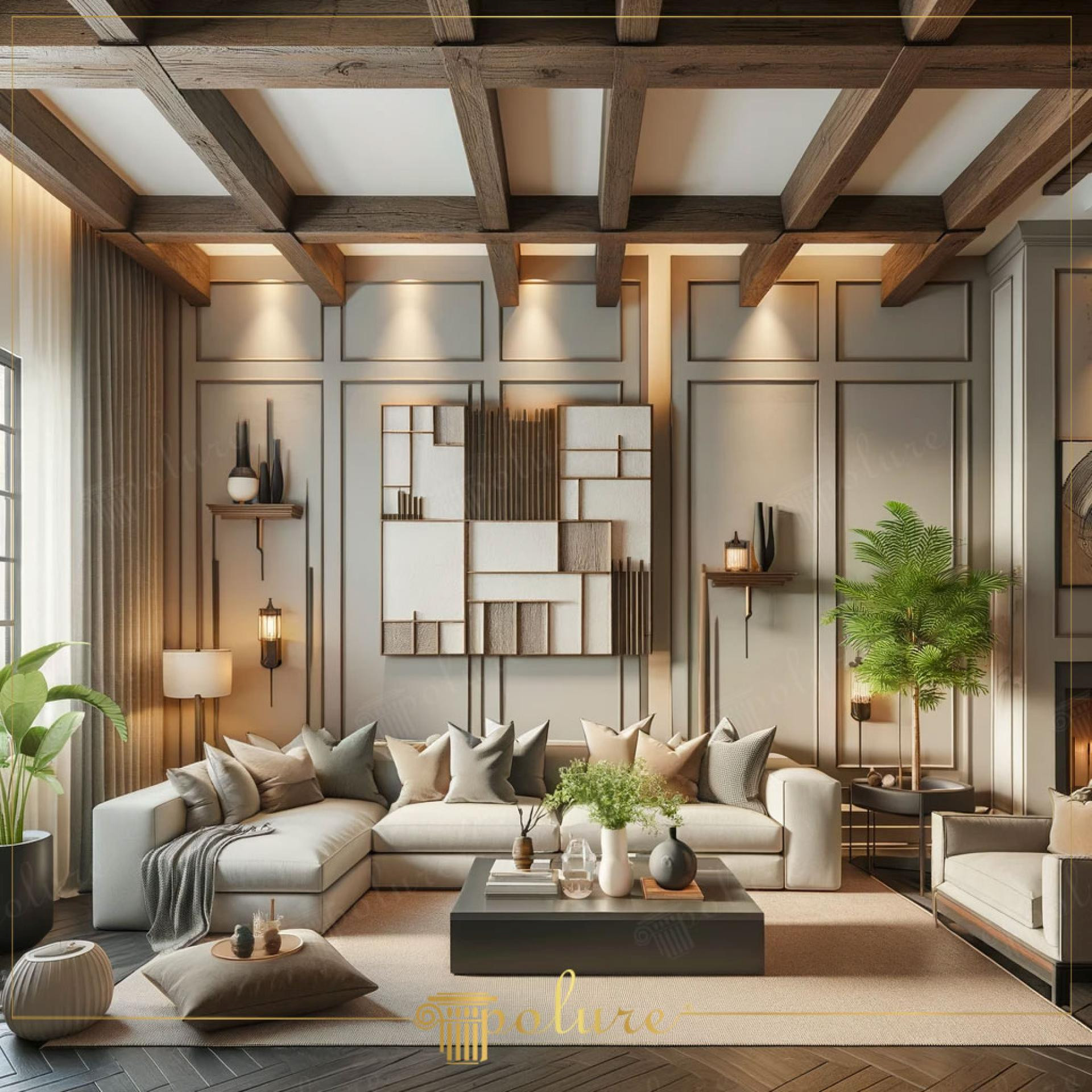 Koyu renkli ahşap görünümlü kaset tavan uygulamasına sahip, gri çıtalı duvarları ve beyaz köşe koltuğu olan şık ve modern salon.