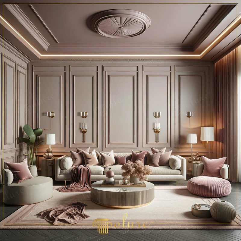 Ortasında büyük dairesel bir sanat eseri bulunan simetrik poliüretan çıta kaplamalı bej duvar, tavan aydınlatmaları ve modern koltukların bulunduğu şık salon.