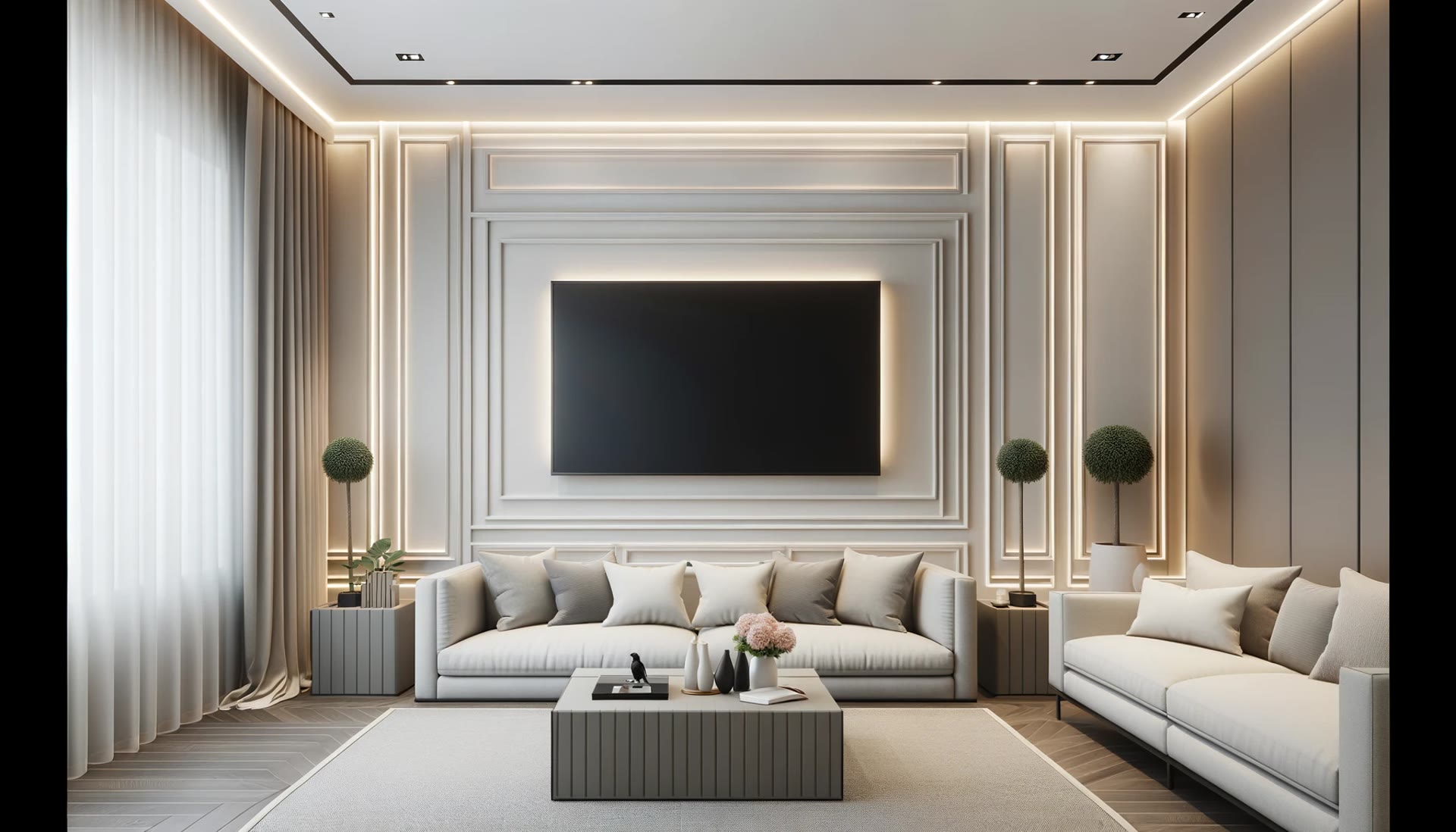 Krem rengi duvarlarında dikdörtgen çıtalar ve merkezi siyah bir alanın etrafında gizli LED aydınlatma bulunan modern, simetrik bir salon.