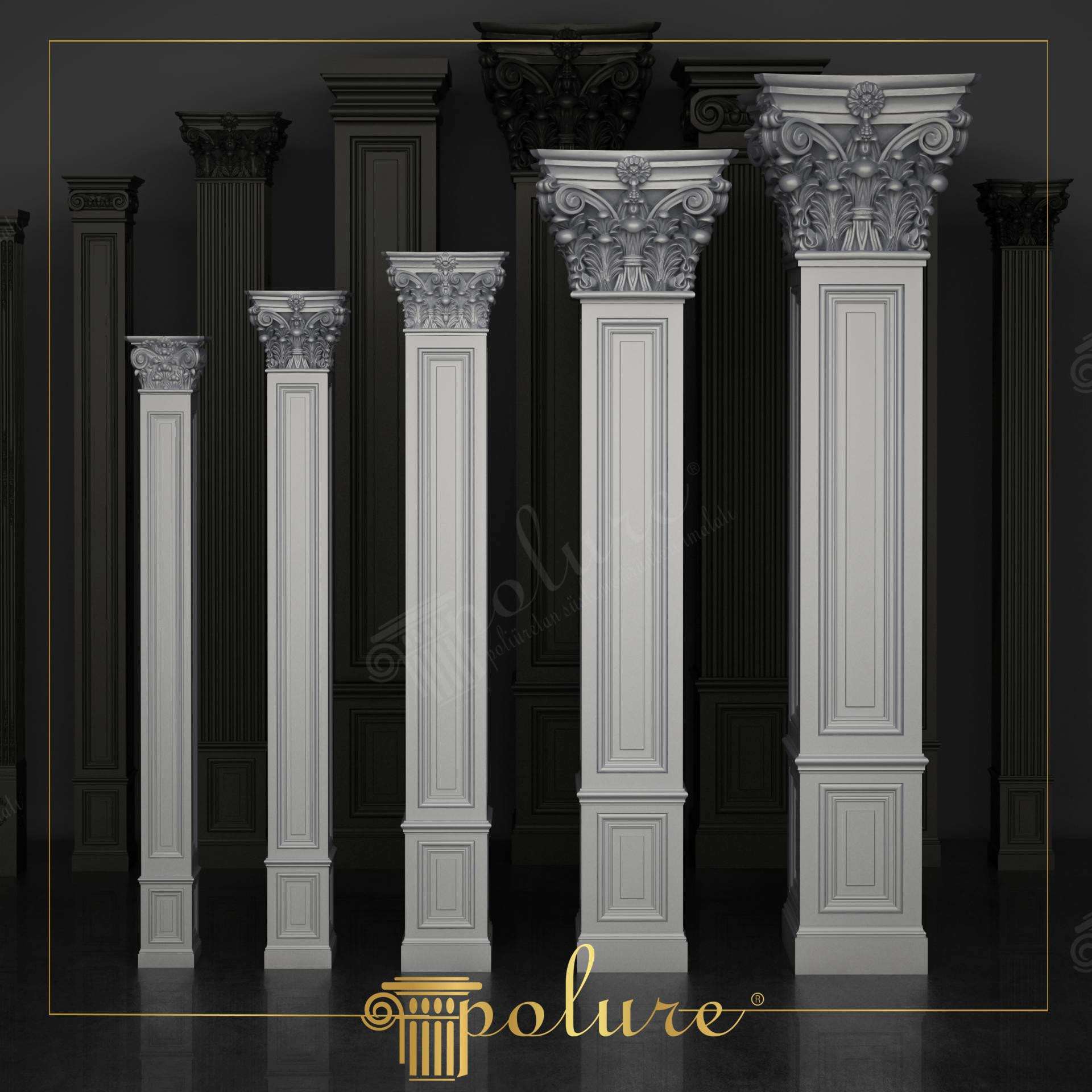 Siyah stüdyo fonunda dizilmiş, panelli gövdeye ve korint tarzı başlıklara sahip beyaz poliüretan pilaster sütun modelleri.