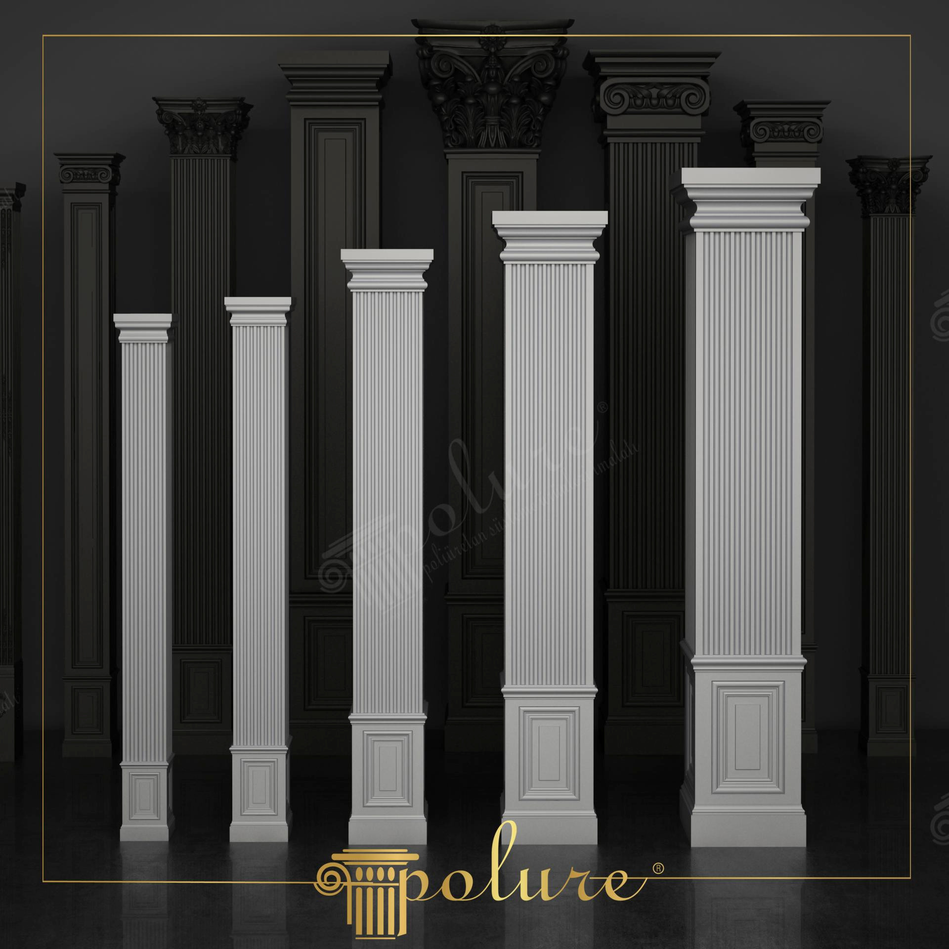 Siyah fon önünde duran, dikey yivli gövdelere ve sade dor/toskana tarzı başlıklara sahip çeşitli ebatlarda beyaz poliüretan pilaster sütunlar.
