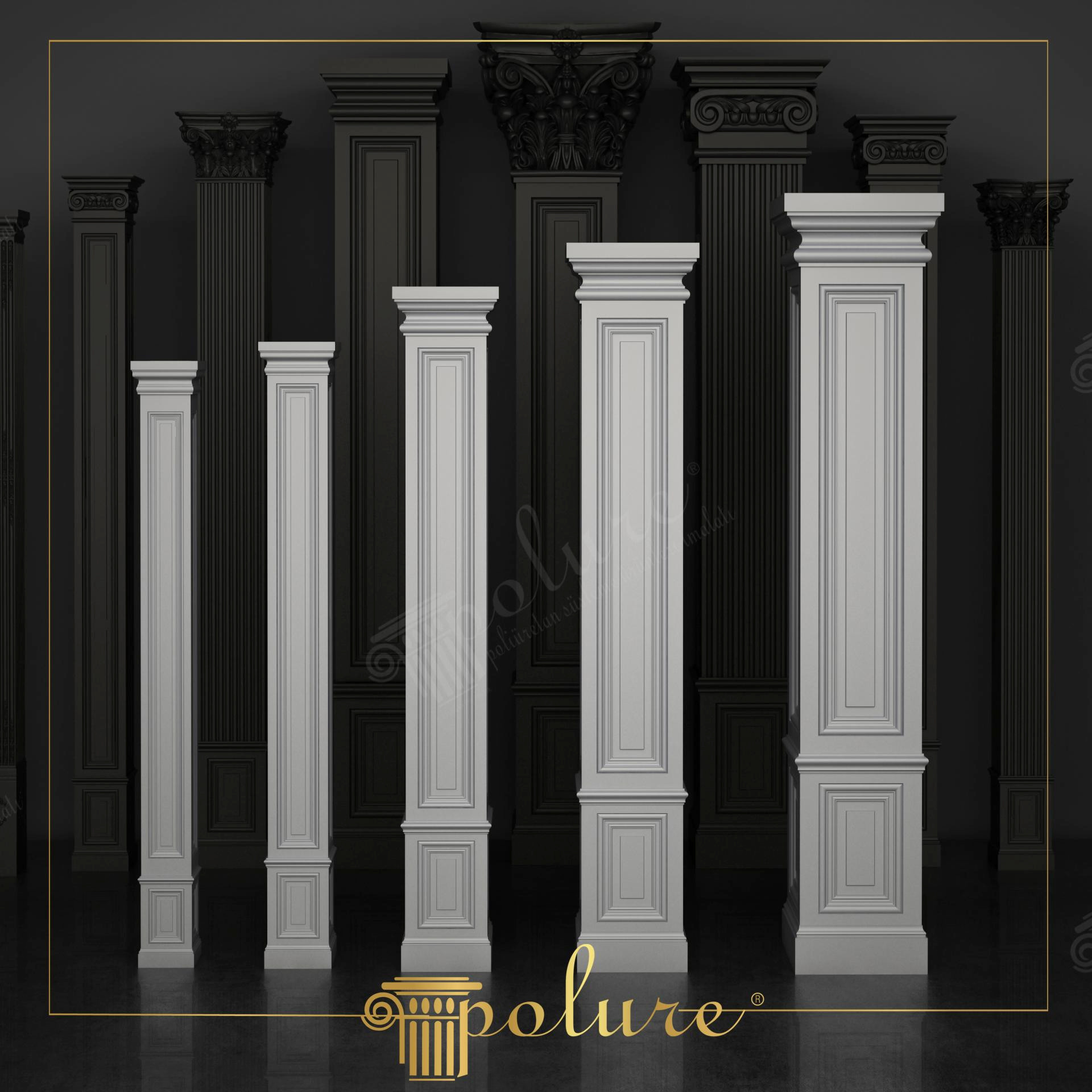 Siyah stüdyo arka planında dizilmiş, panelli gövdelere ve düz, sade başlıklara sahip beyaz poliüretan pilaster sütunlar.