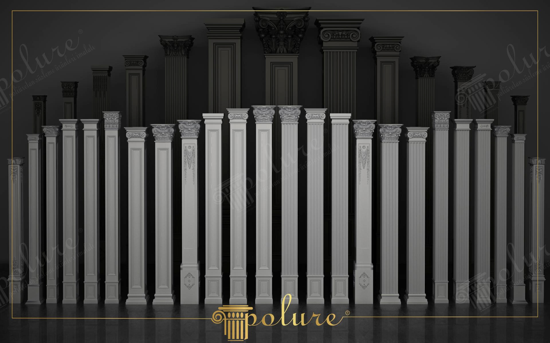 Siyah stüdyo fonunda geniş bir yelpazede sergilenen, panelli ve yivli gövdelere, çeşitli klasik başlıklara sahip beyaz poliüretan pilaster sütun koleksiyonu.
