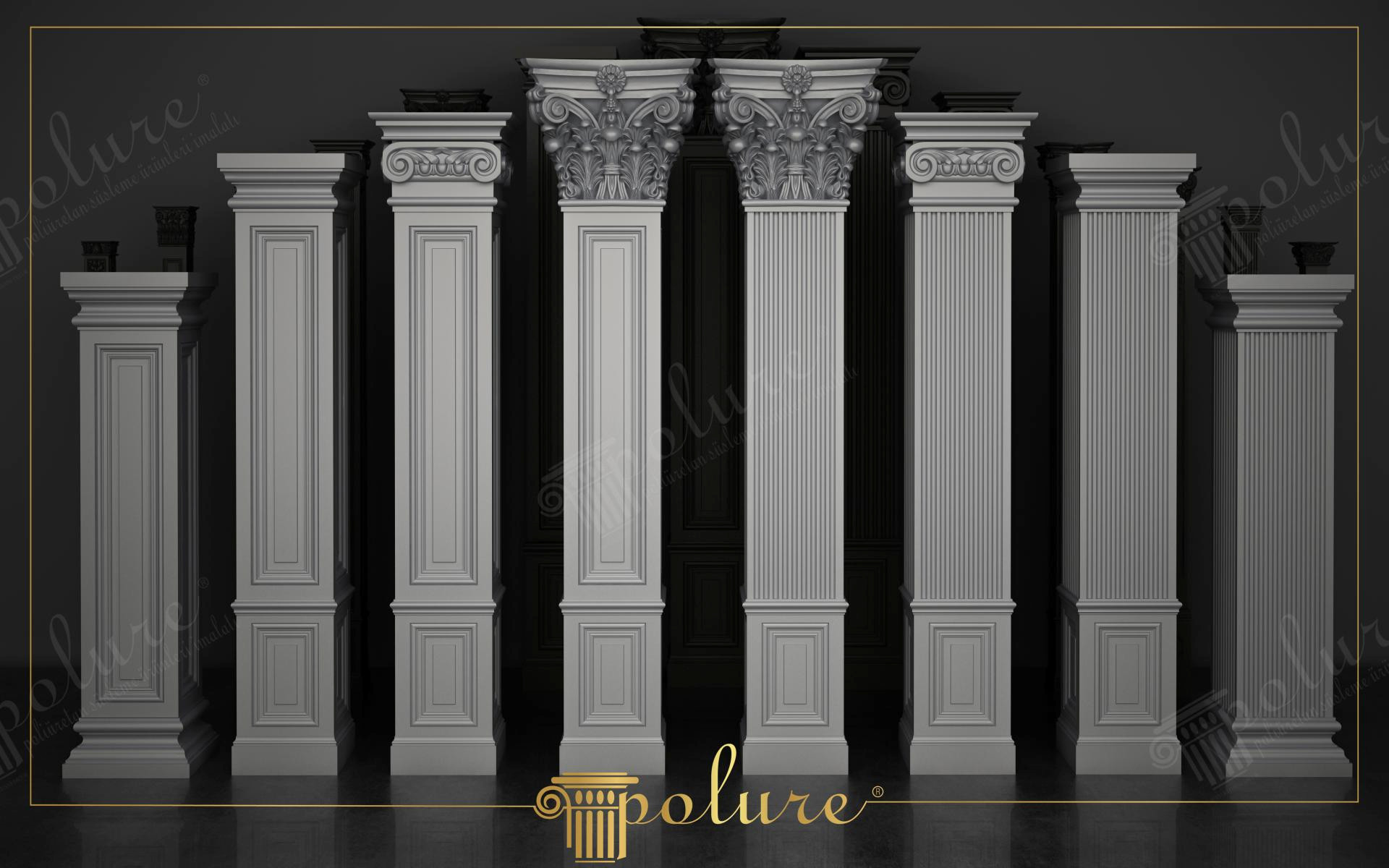 Siyah stüdyo ortamında konumlandırılmış, farklı gövde tiplerine ve işlemeli başlıklara sahip çeşitli ebatlarda beyaz poliüretan pilaster sütunlar.