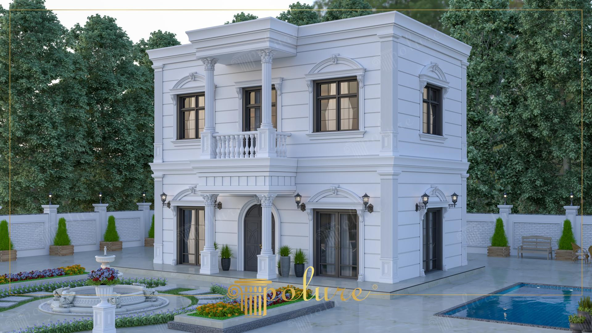 Beyaz renkli iki katlı neoklasik villanın kavisli kemerleri, dekoratif pencere söveleri ve poliüretan pilaster sütunlarıyla dizayn edilmiş ön cephesi.