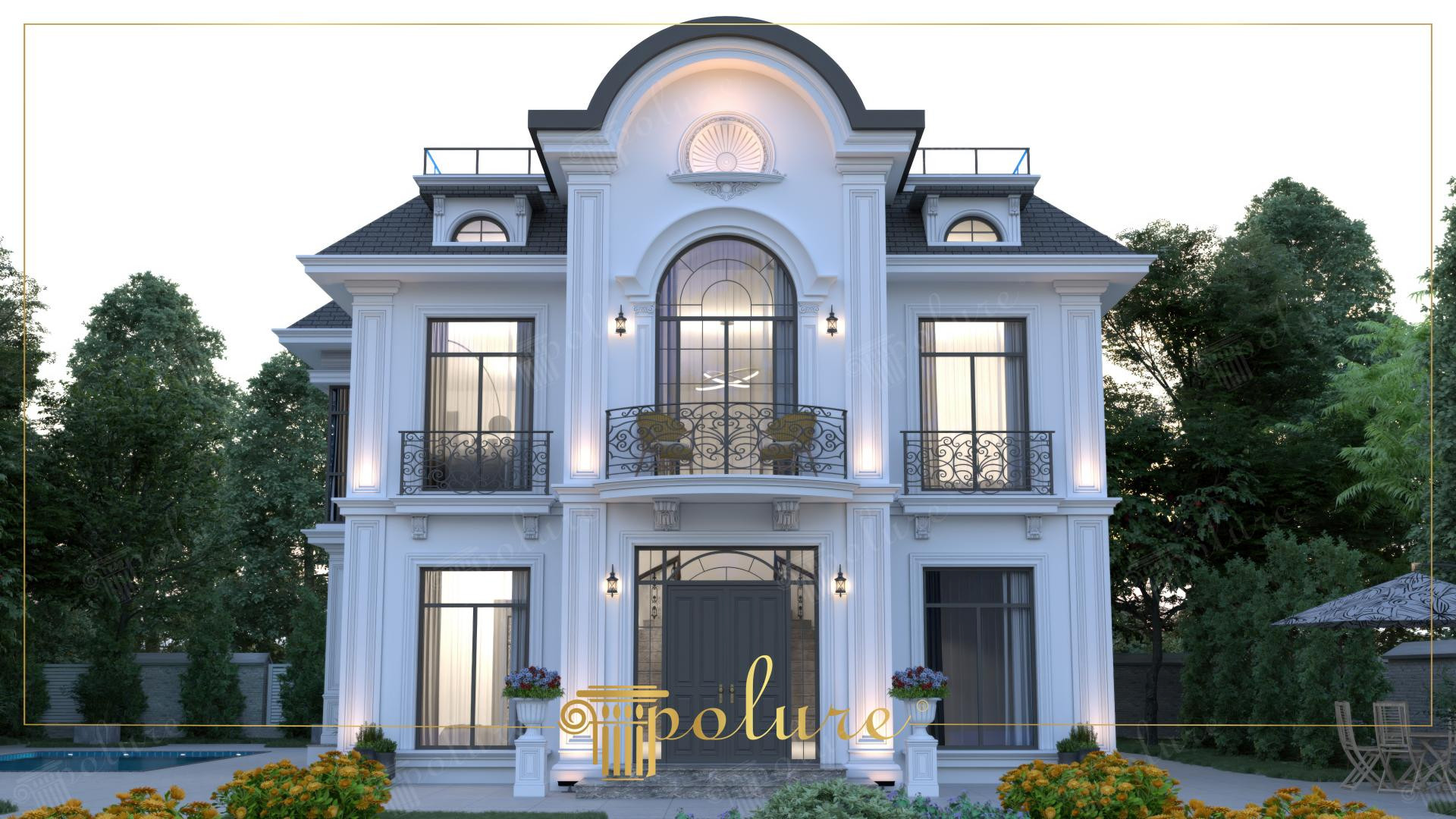 Önünde havuz bulunan, merkezinde büyük kemerli bir pencere ve poliüretan pilaster sütunlar yer alan iki katlı beyaz villa.