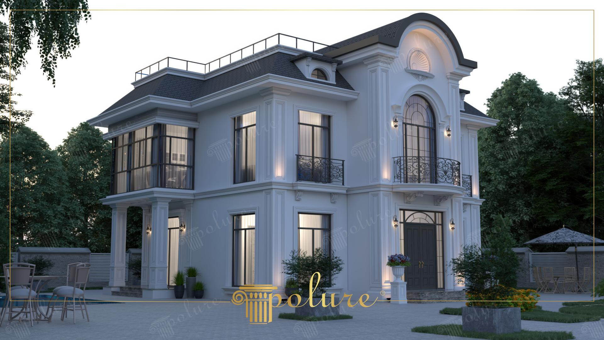 Kavisli kapı girişi, kapalı camlı balkonu ve dekoratif poliüretan taç süslemeleri olan beyaz renkli villa cephesi.