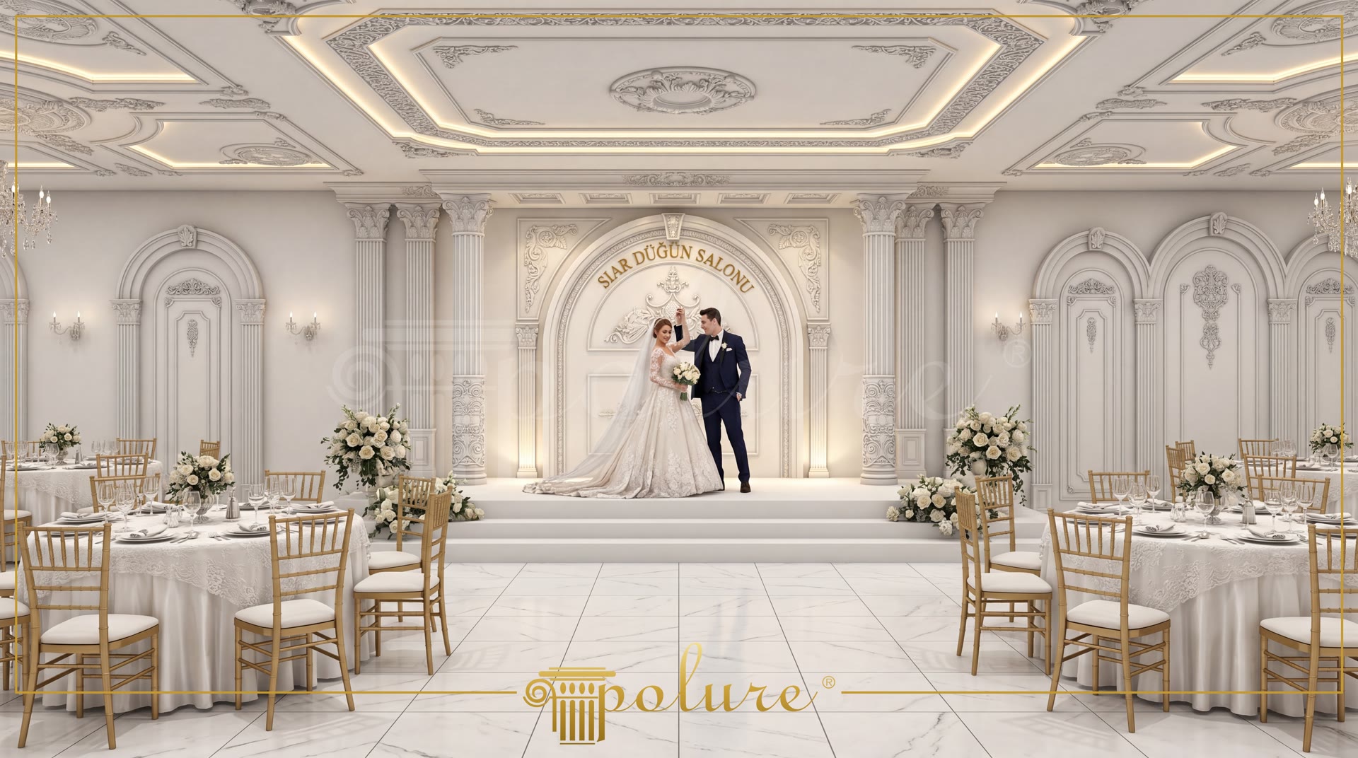 Sahnede dans eden gelin ve damat, etraflarında görkemli beyaz poliüretan tavan göbekleri, sütunlar ve kemerli duvar panelleri bulunan davet salonu.