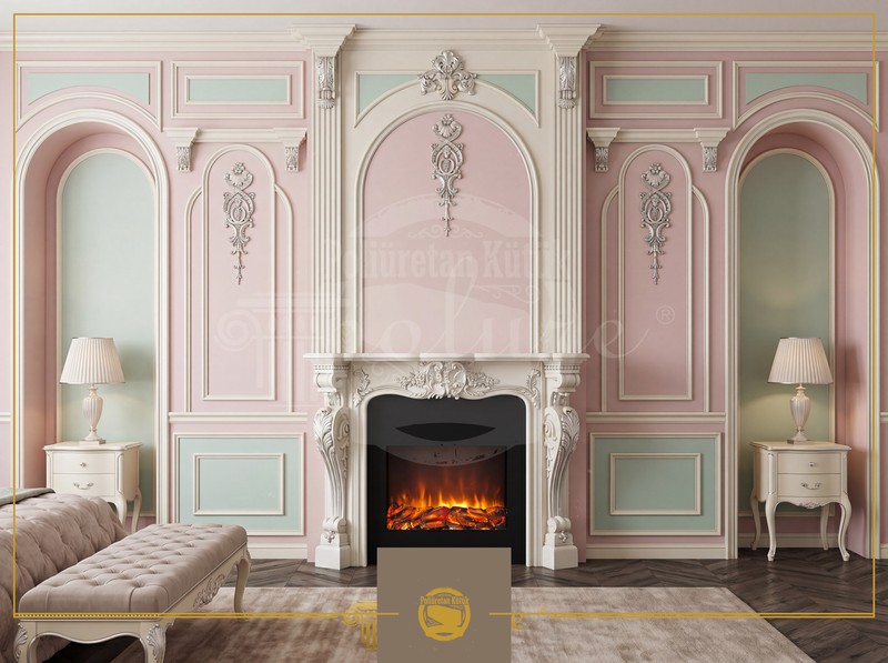 Pastel Renkli Salonda Dekoratif Poliüretan Şömine ve Duvar Çıtası Tasarımı