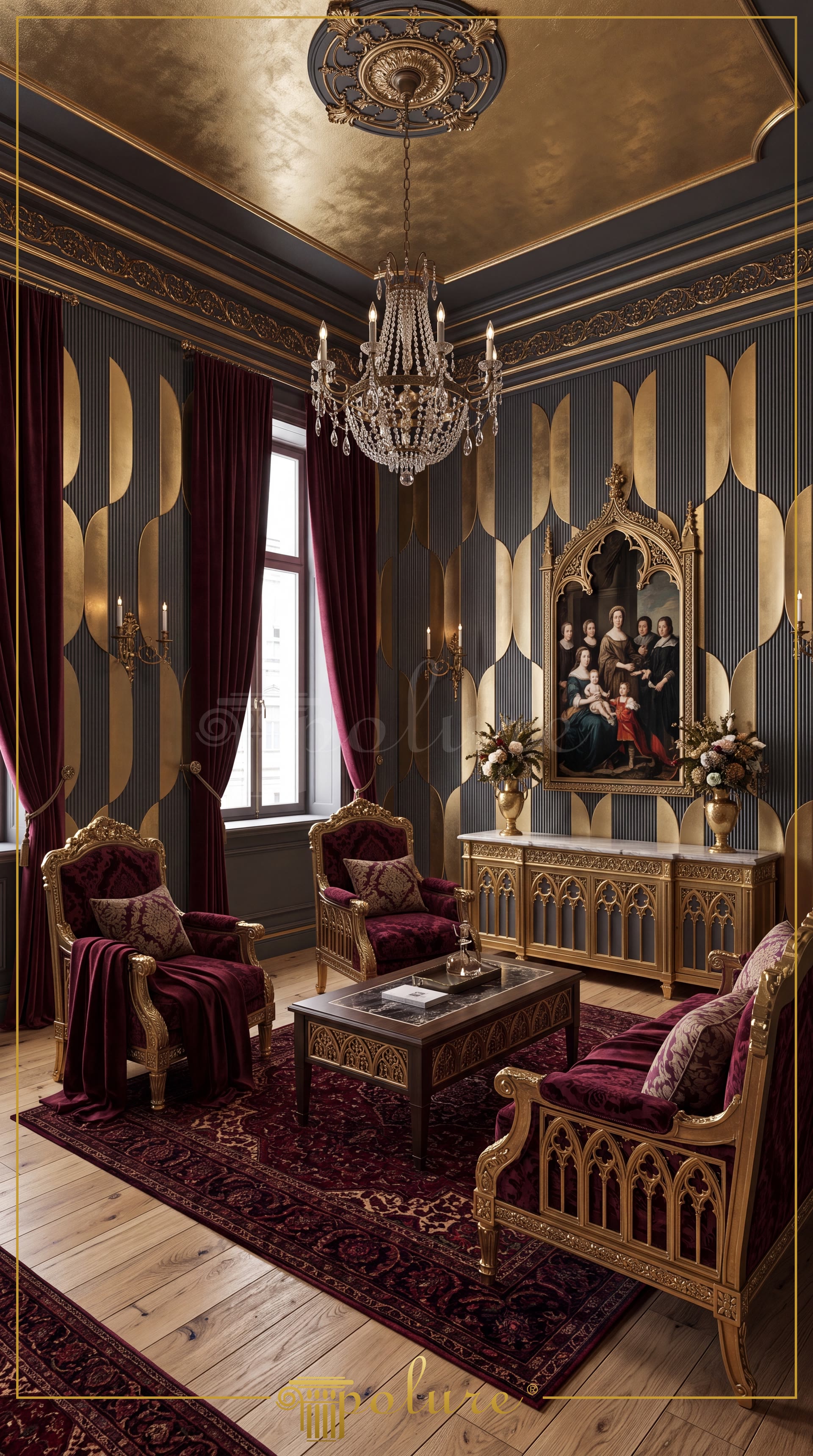 Bordo kadife koltuklar, koyu renkli halı, gotik çerçeveli tarihi tablo ve siyah zemin üzerinde geniş altın oval motiflere sahip poliüretan duvar panelli ihtişamlı salon.